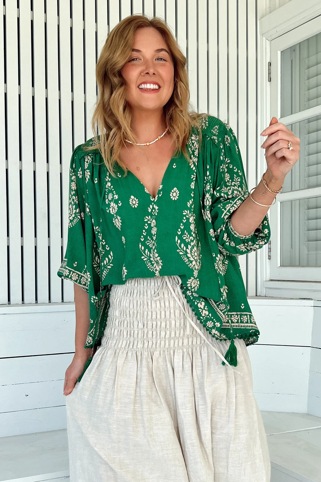 Rue Top - V Neck Smock Top with Crochet Trim in Kiva Print sold by Salty Crush product image thumbnail 4