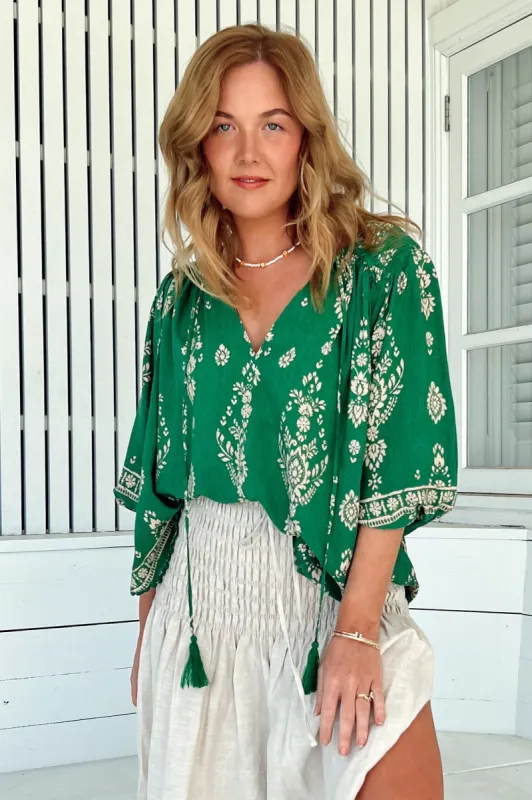JAASE - Rue Top: V Neck Smock Top with Crochet Trim in Kiva Print sold by Salty Crush