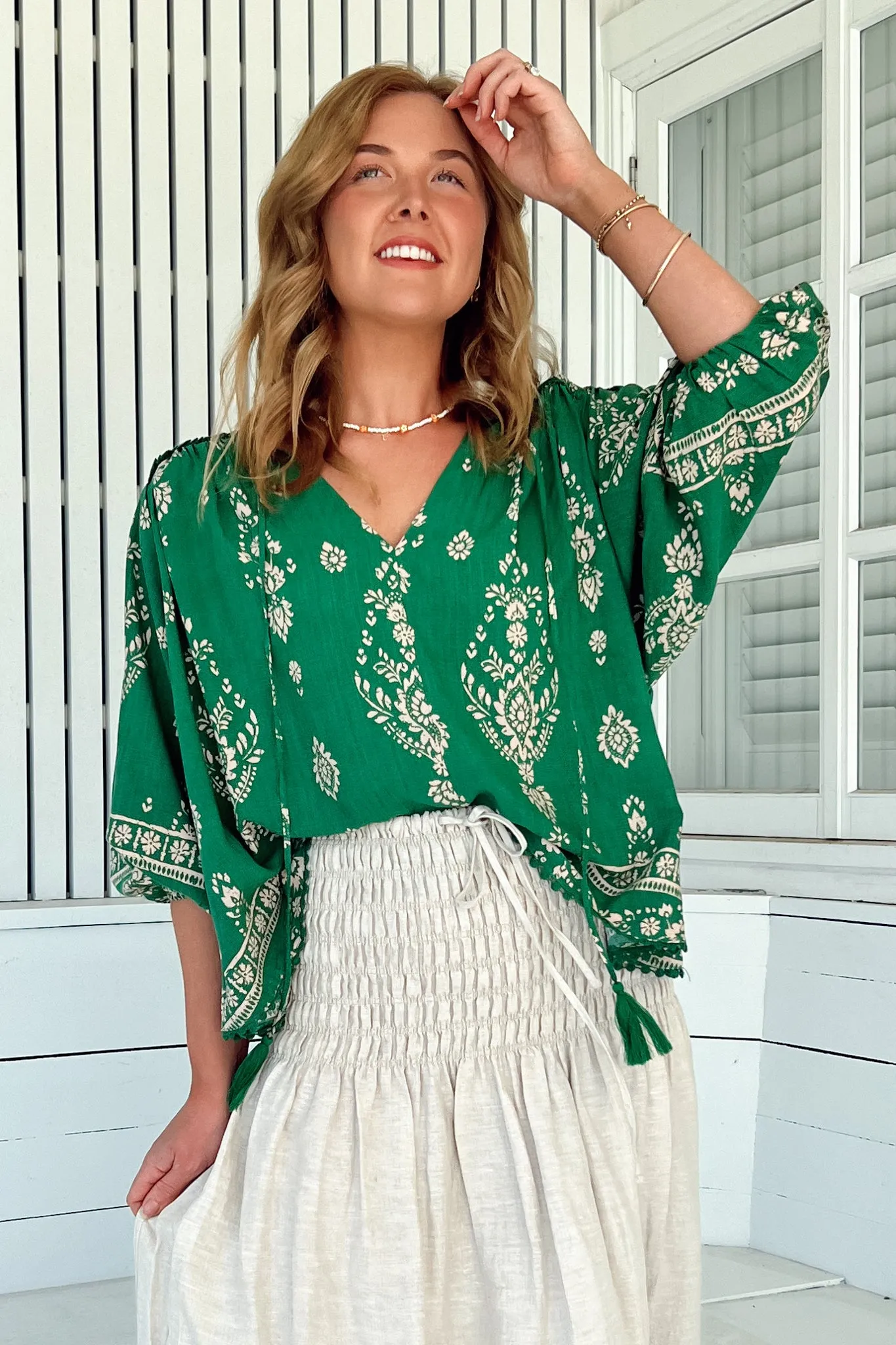 Rue Top - V Neck Smock Top with Crochet Trim in Kiva Print sold by Salty Crush product image thumbnail 5