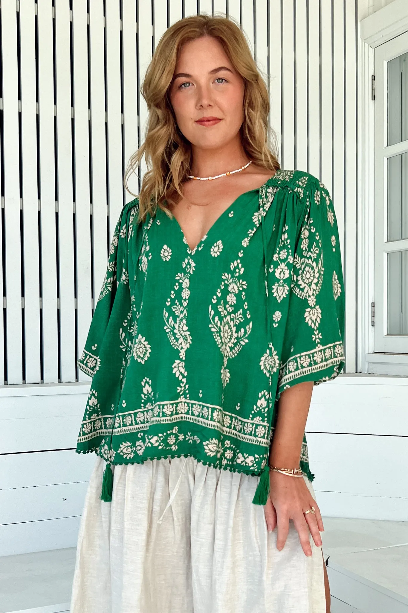 Rue Top - V Neck Smock Top with Crochet Trim in Kiva Print sold by Salty Crush product image thumbnail 2
