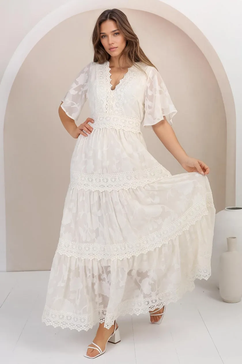 Madeline Maxi Dress - Lace Trim Embroidered A Line Dress in Cream sold by Salty Crush product image thumbnail 3