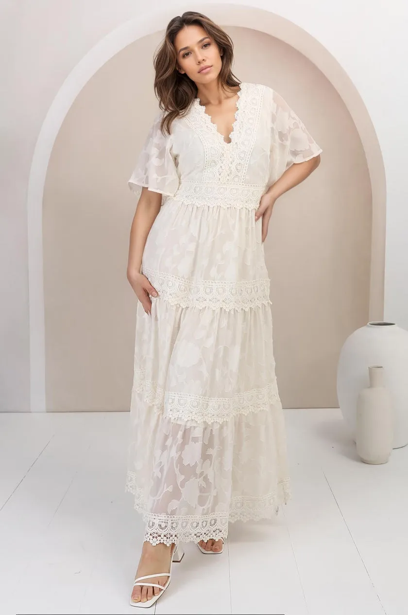 Madeline Maxi Dress - Lace Trim Embroidered A Line Dress in Cream sold by Salty Crush