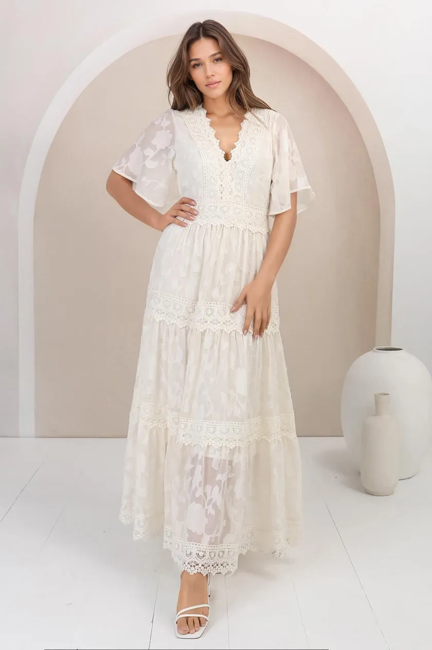 Madeline Maxi Dress - Lace Trim Embroidered A Line Dress in Cream sold by Salty Crush product image thumbnail 4