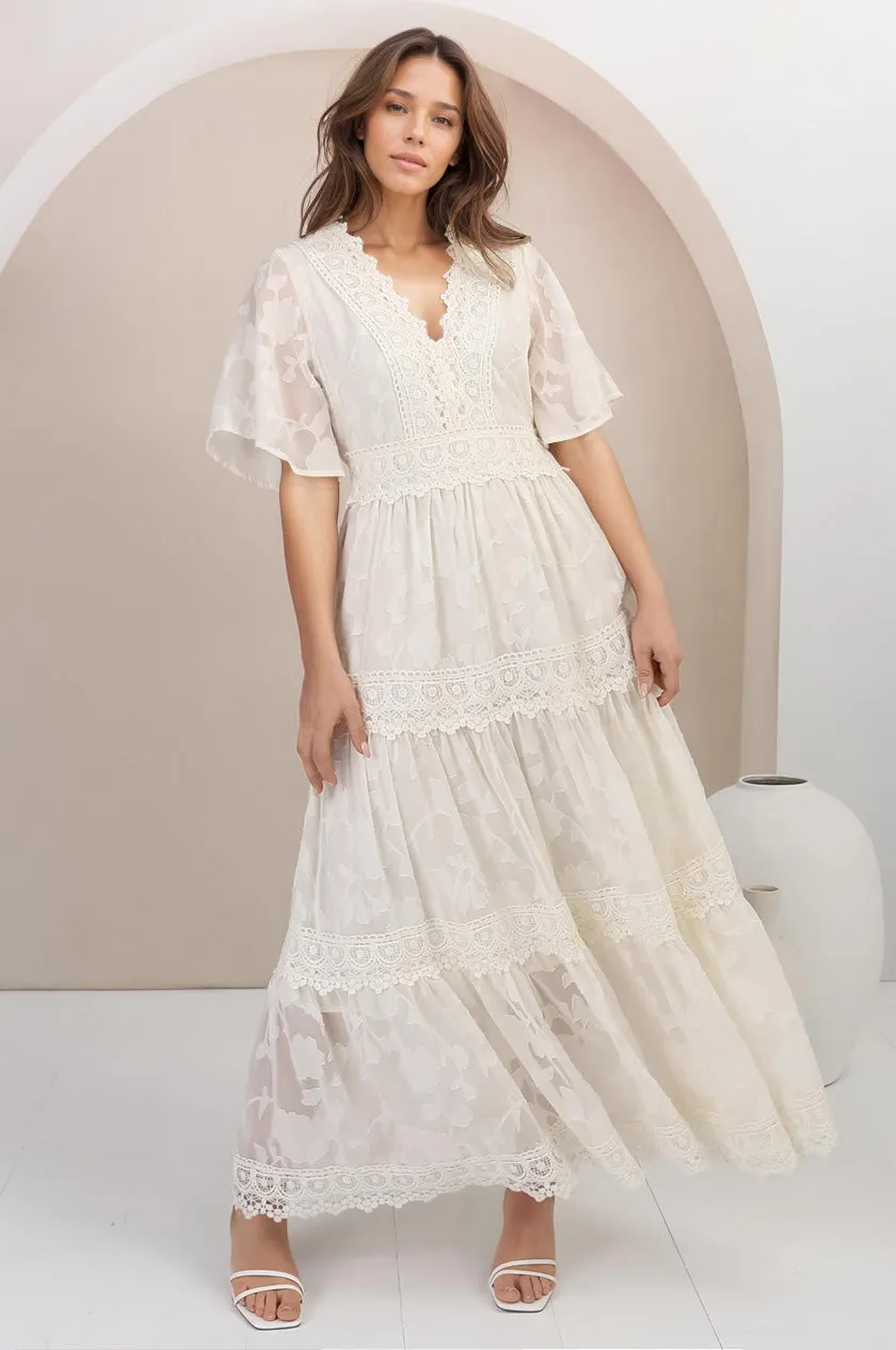 Madeline Maxi Dress - Lace Trim Embroidered A Line Dress in Cream sold by Salty Crush product image thumbnail 2
