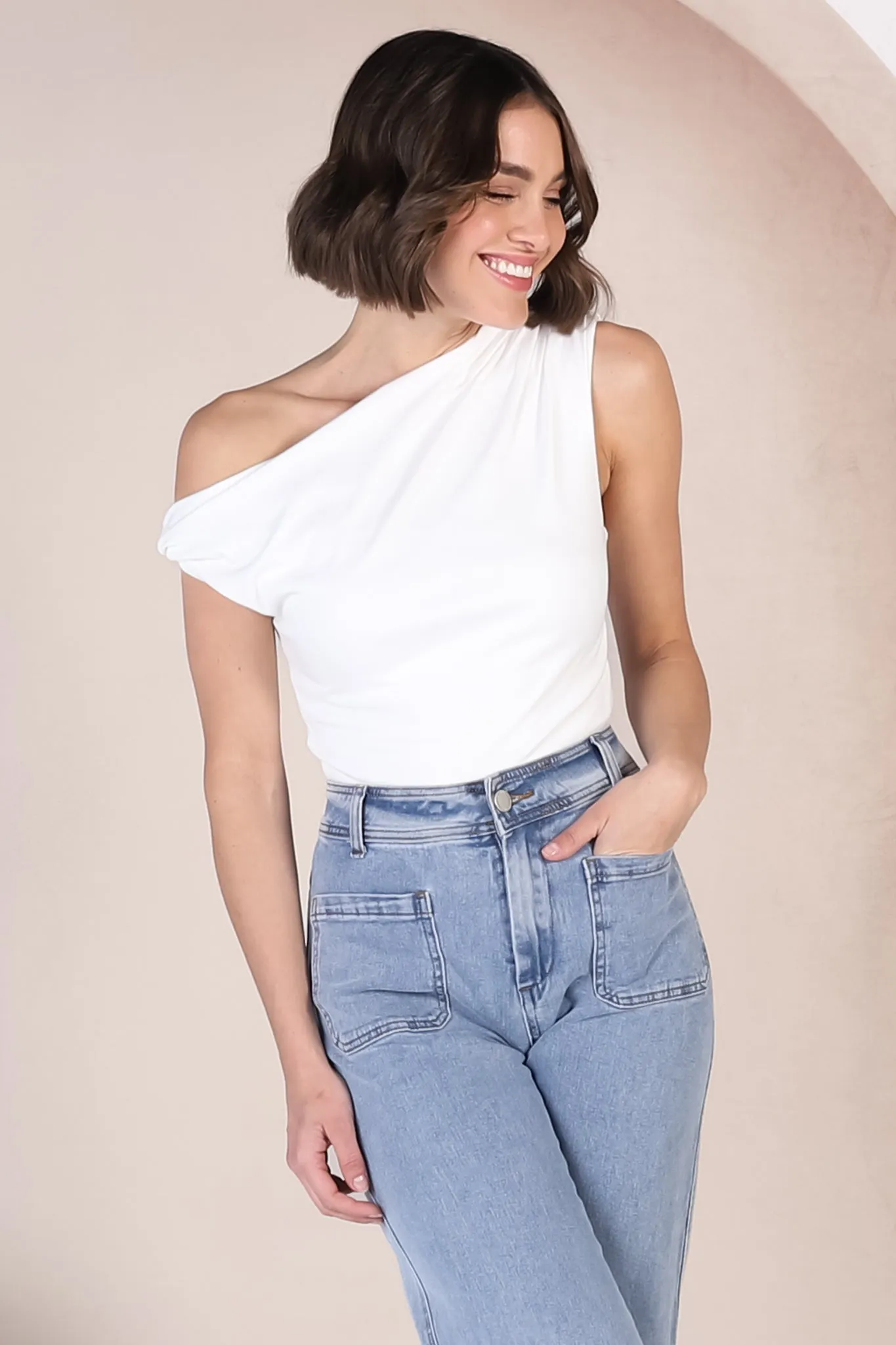 Cassie Top - Aysmmetric Neckline One Shoulder Knit Top in White sold by Salty Crush product image thumbnail 3