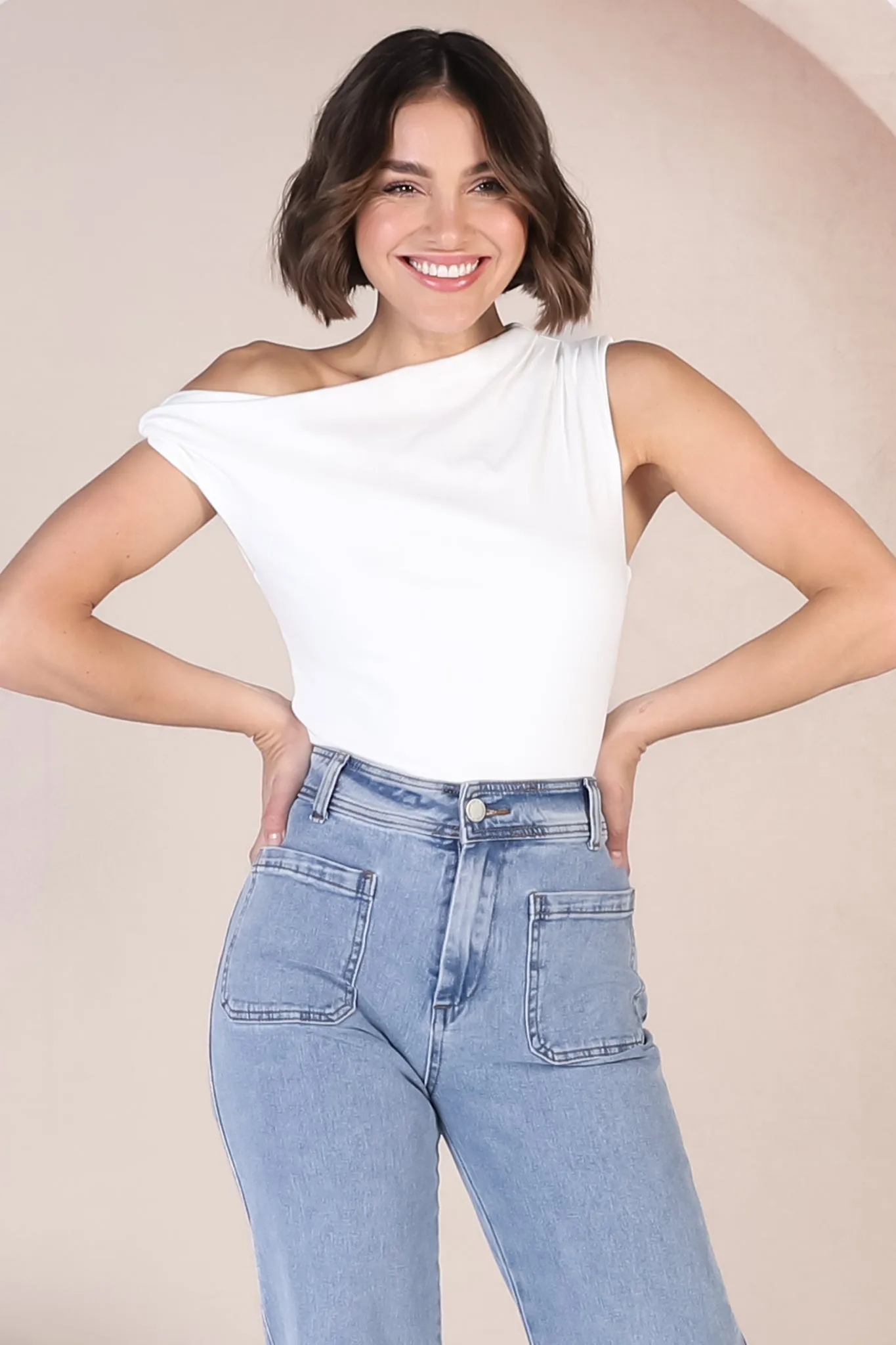 Cassie Top - Aysmmetric Neckline One Shoulder Knit Top in White sold by Salty Crush product image thumbnail 5