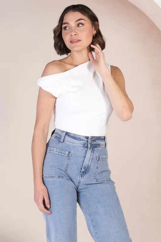 Cassie Top - Aysmmetric Neckline One Shoulder Knit Top in White sold by Salty Crush