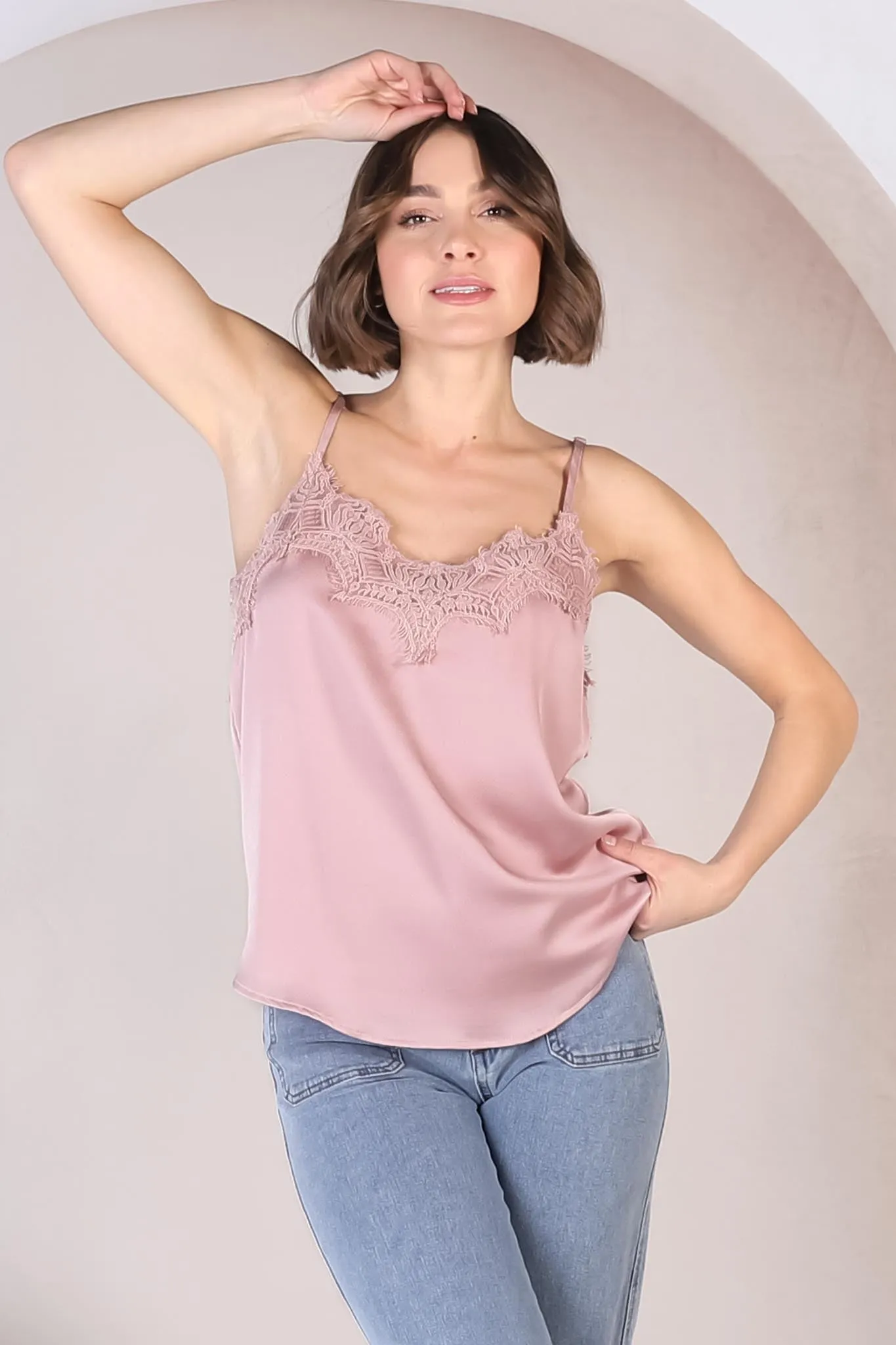 Hazel Top - Lace V Neckline Camisole with Adjustable Straps in Blush sold by Salty Crush product image thumbnail 3