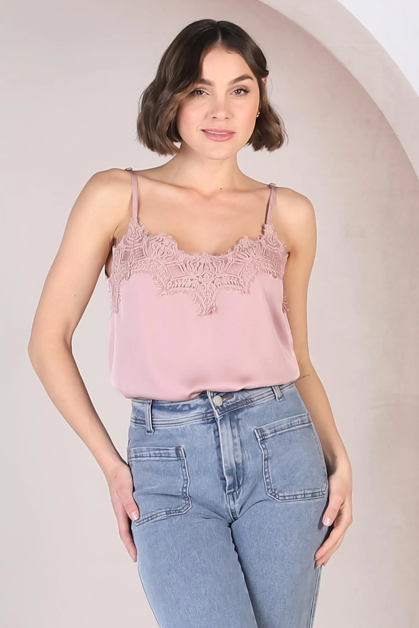 Hazel Top - Lace V Neckline Camisole with Adjustable Straps in Blush sold by Salty Crush