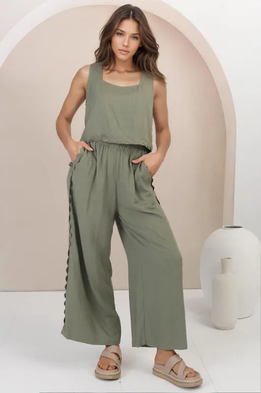Bailie Linen Set - Boxy Top and Pant Set with Rick Rack Detailing in Khaki sold by Salty Crush