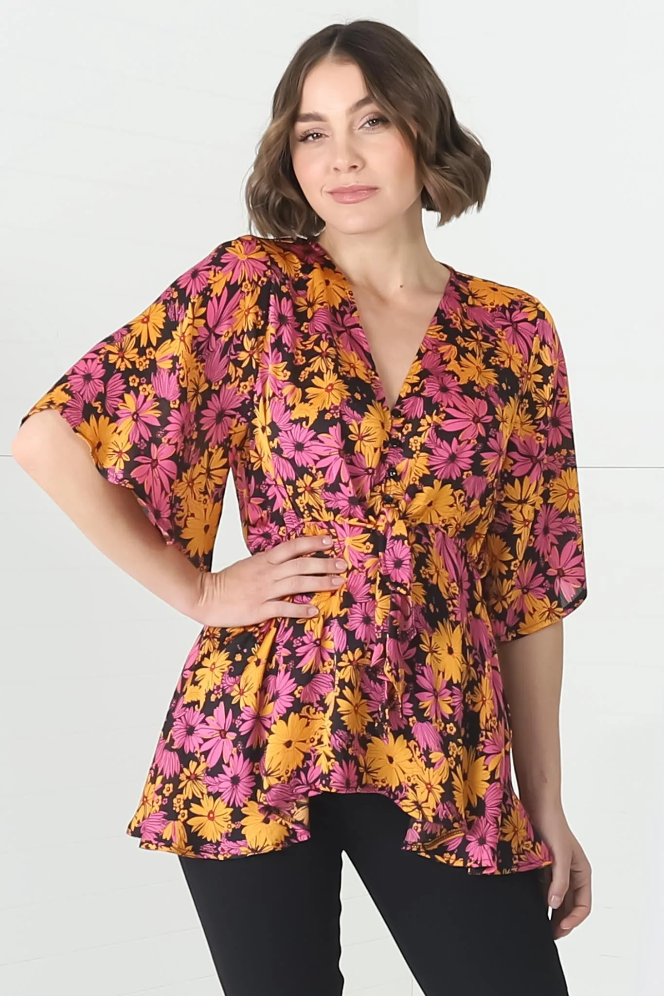 Kira Top - V Neck Pull Over Top with Gypsy Hemline in Monica Print sold by Salty Crush product image thumbnail 5
