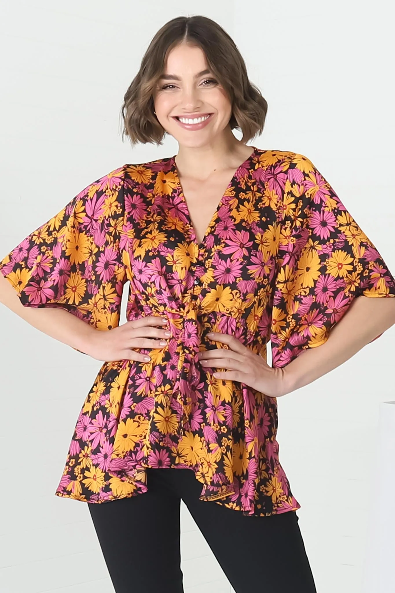 Kira Top - V Neck Pull Over Top with Gypsy Hemline in Monica Print sold by Salty Crush product image thumbnail 4