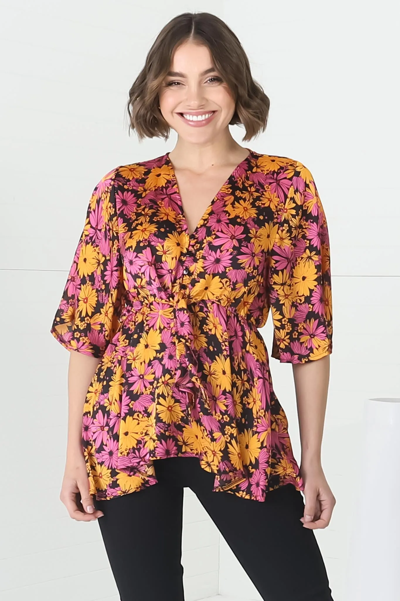 Kira Top - V Neck Pull Over Top with Gypsy Hemline in Monica Print sold by Salty Crush product image thumbnail 2