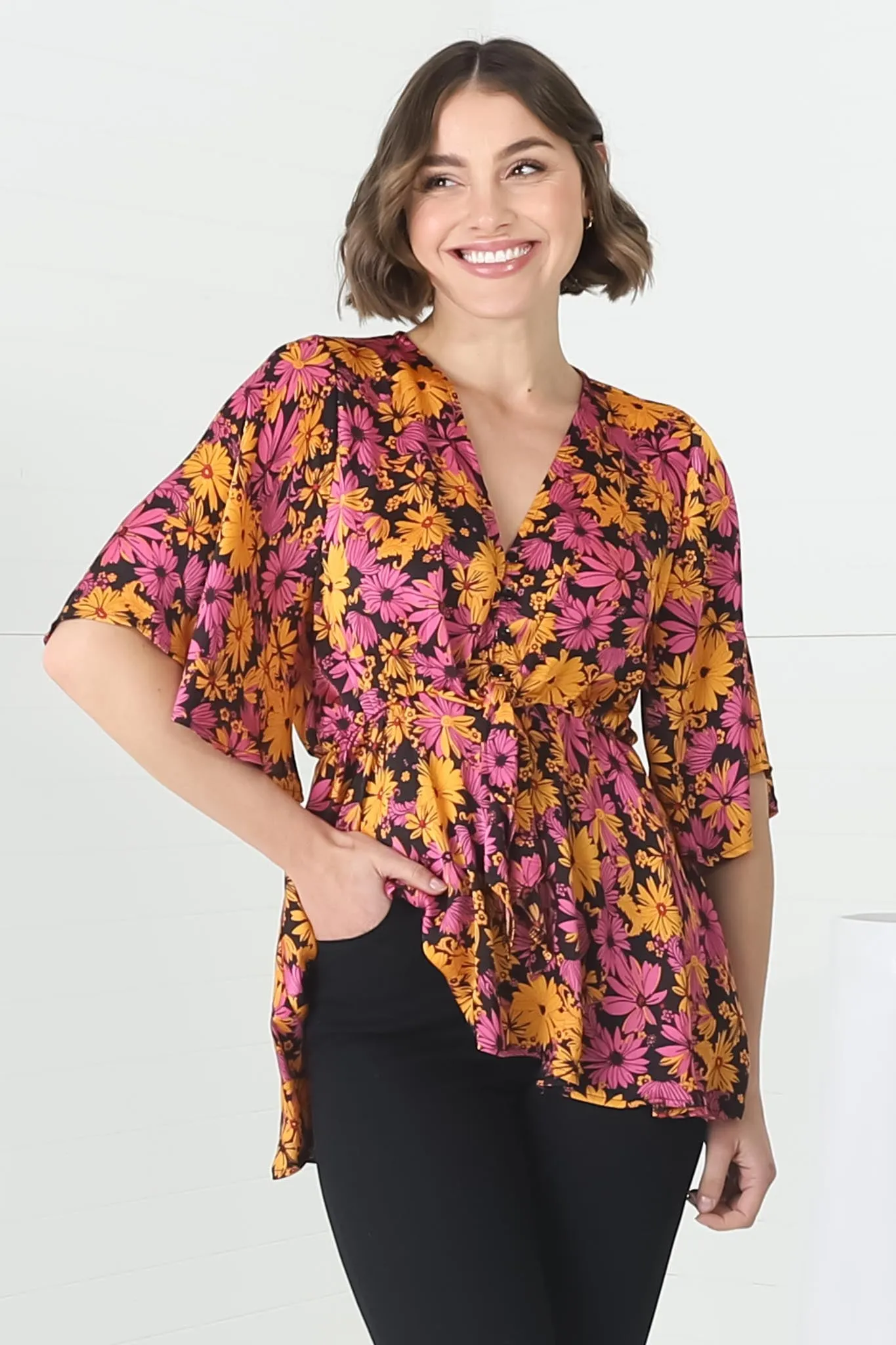 Kira Top - V Neck Pull Over Top with Gypsy Hemline in Monica Print sold by Salty Crush
