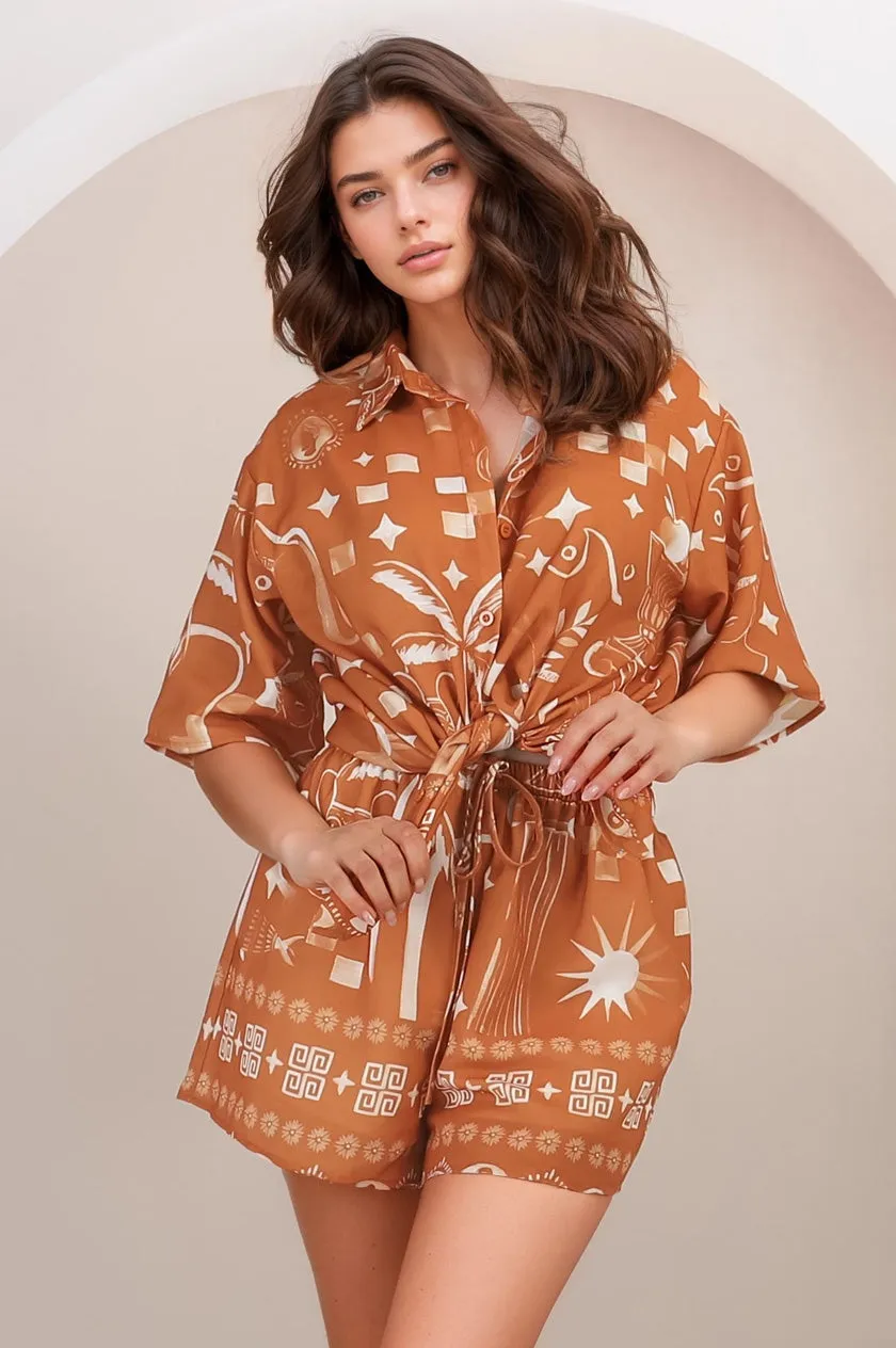 Talitha Button Up Shirt And Shorts Set - Embry Print in Orange sold by Salty Crush