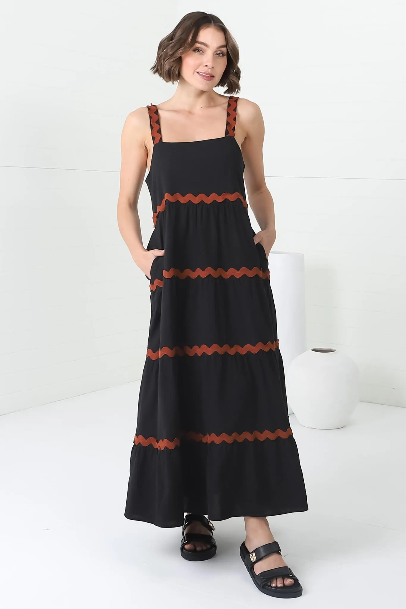 Bailie Maxi Dress - Rick Rack Detailed Sun Dress with Pockets in Black sold by Salty Crush product image thumbnail 4