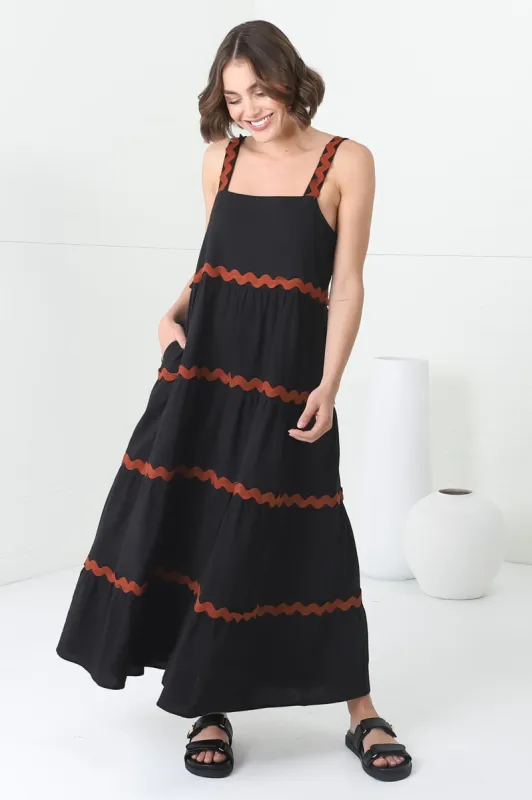 Bailie Maxi Dress - Rick Rack Detailed Sun Dress with Pockets in Black sold by Salty Crush