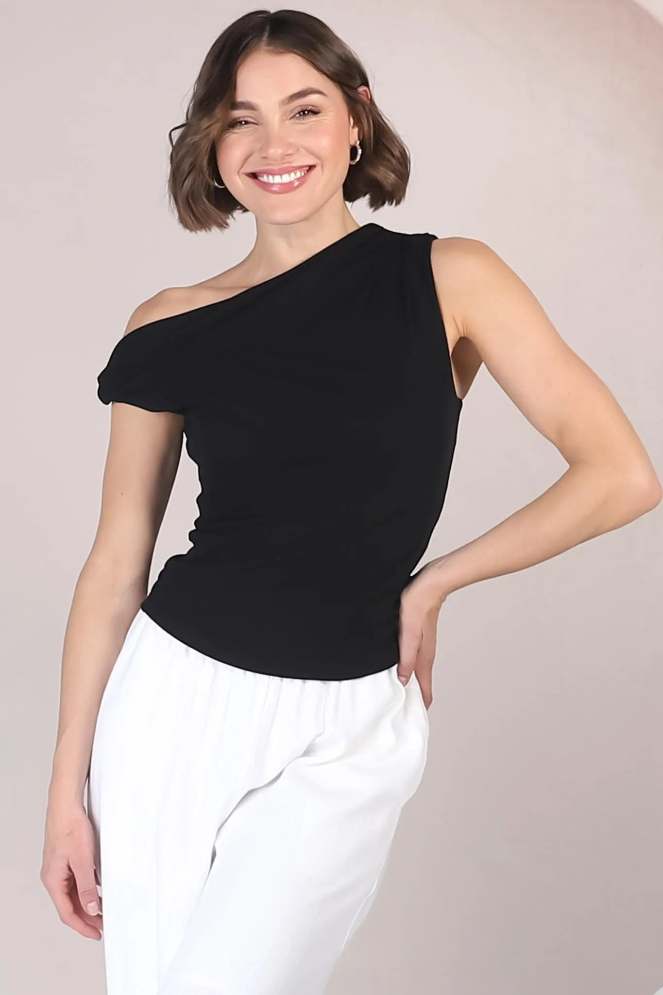 Cassie Top - Aysmmetric Neckline One Shoulder Knit Top in Black sold by Salty Crush product image thumbnail 5