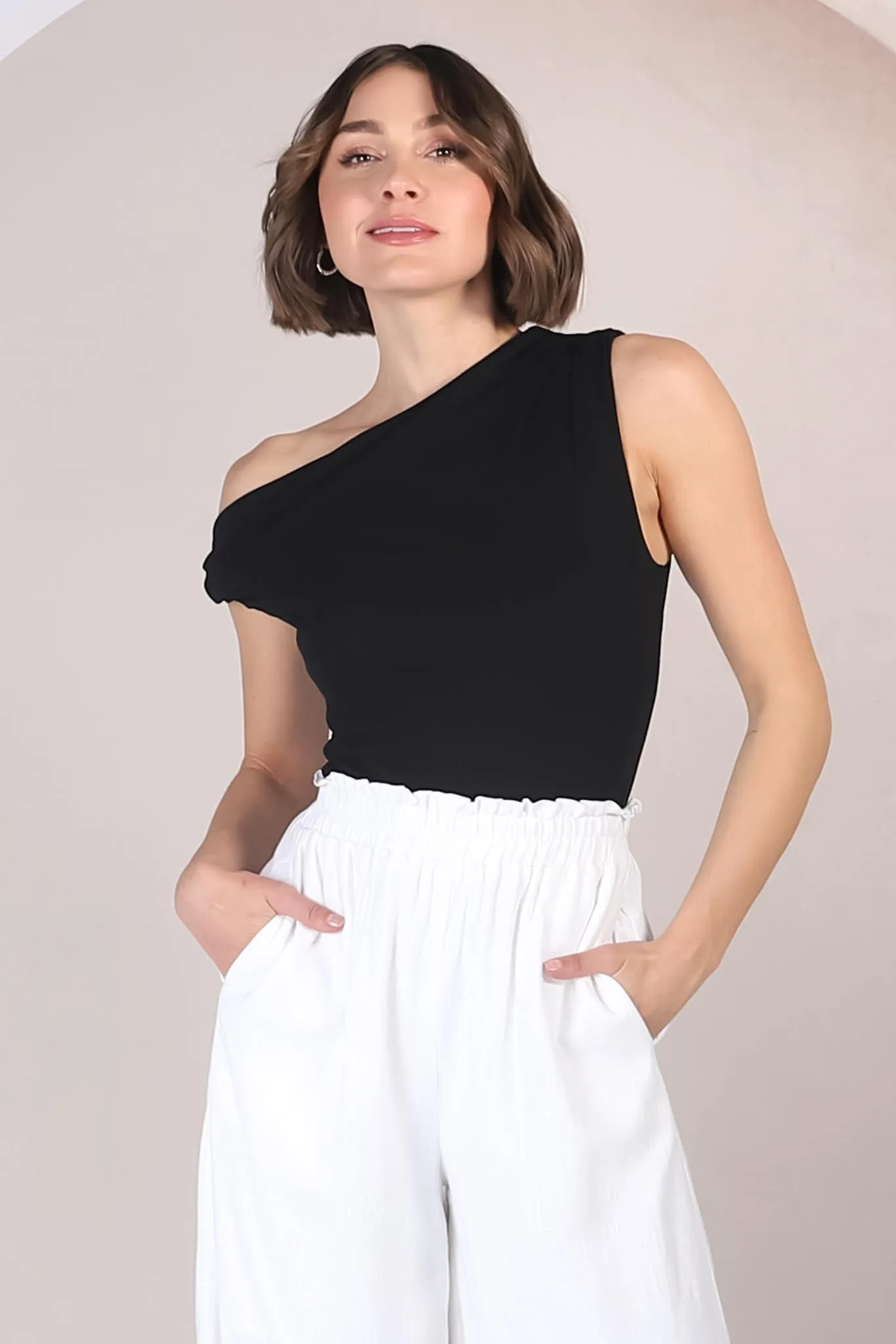 Cassie Top - Aysmmetric Neckline One Shoulder Knit Top in Black sold by Salty Crush product image thumbnail 2