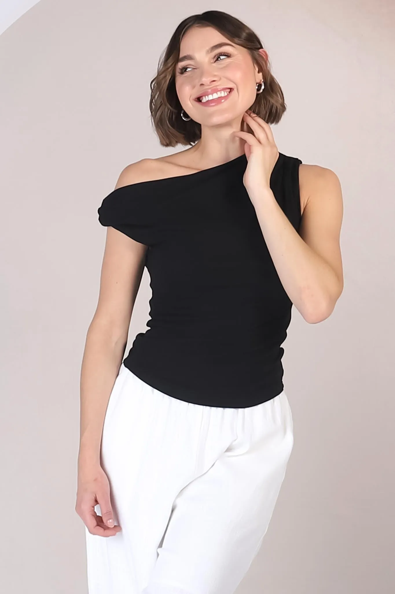 Cassie Top - Aysmmetric Neckline One Shoulder Knit Top in Black sold by Salty Crush product image thumbnail 3