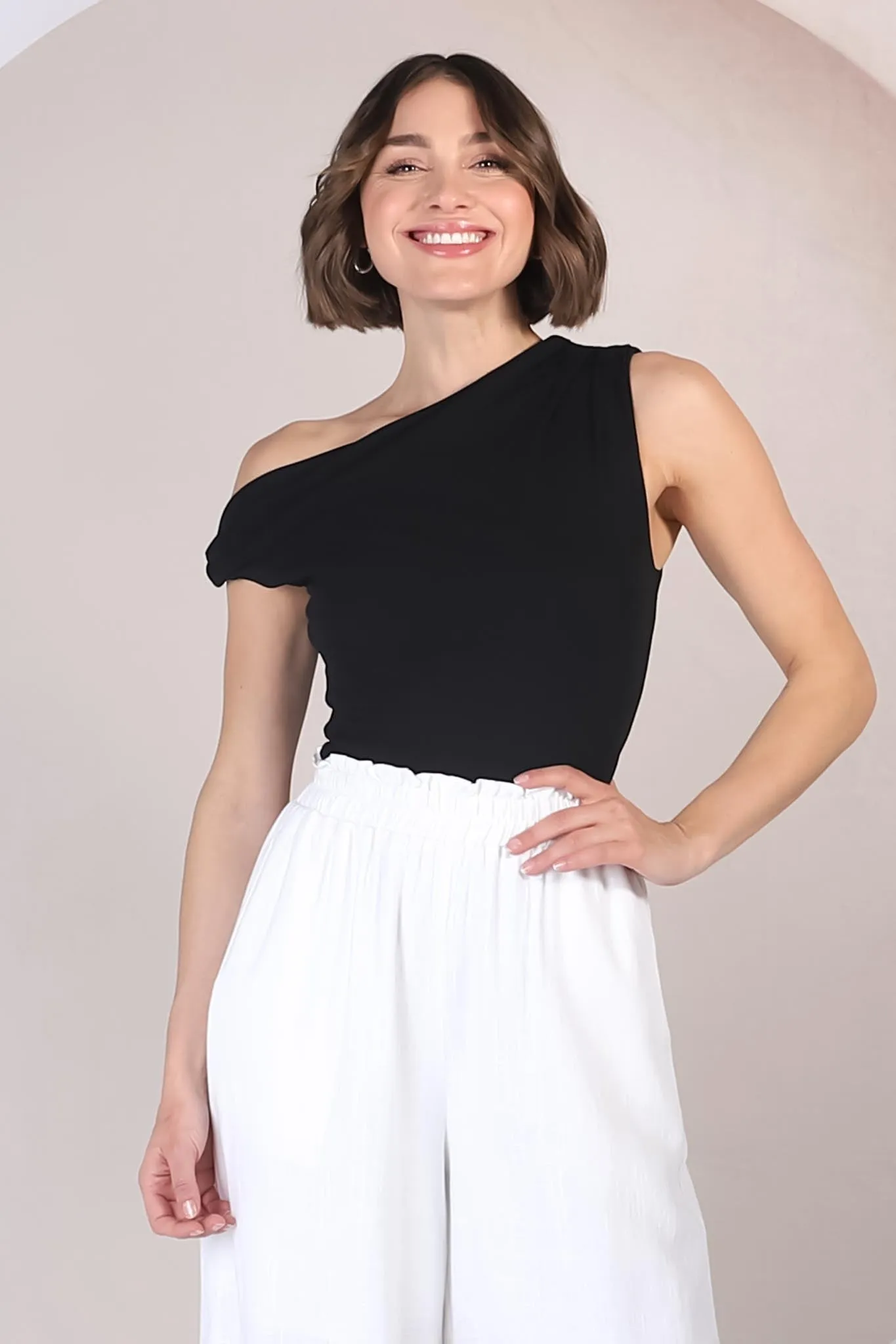 Cassie Top - Aysmmetric Neckline One Shoulder Knit Top in Black sold by Salty Crush product image thumbnail 4