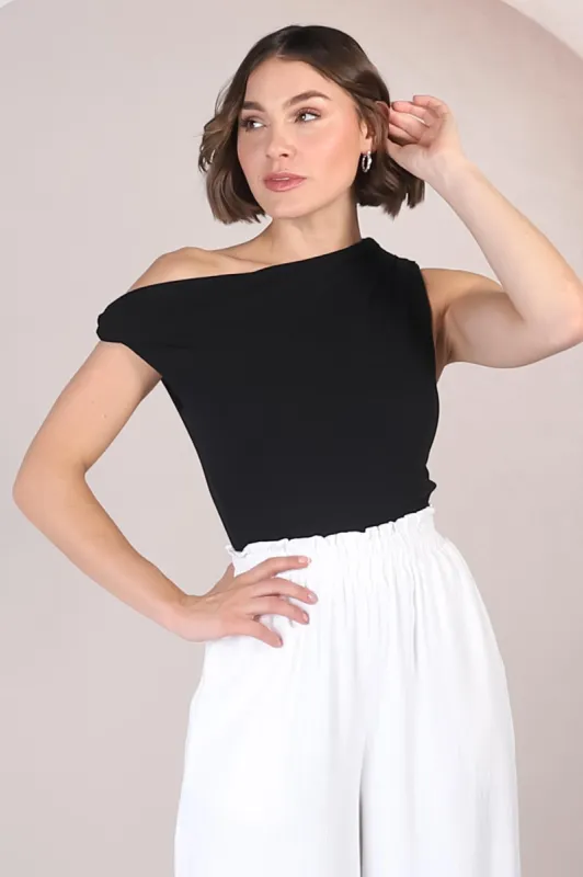 Cassie Top - Aysmmetric Neckline One Shoulder Knit Top in Black sold by Salty Crush
