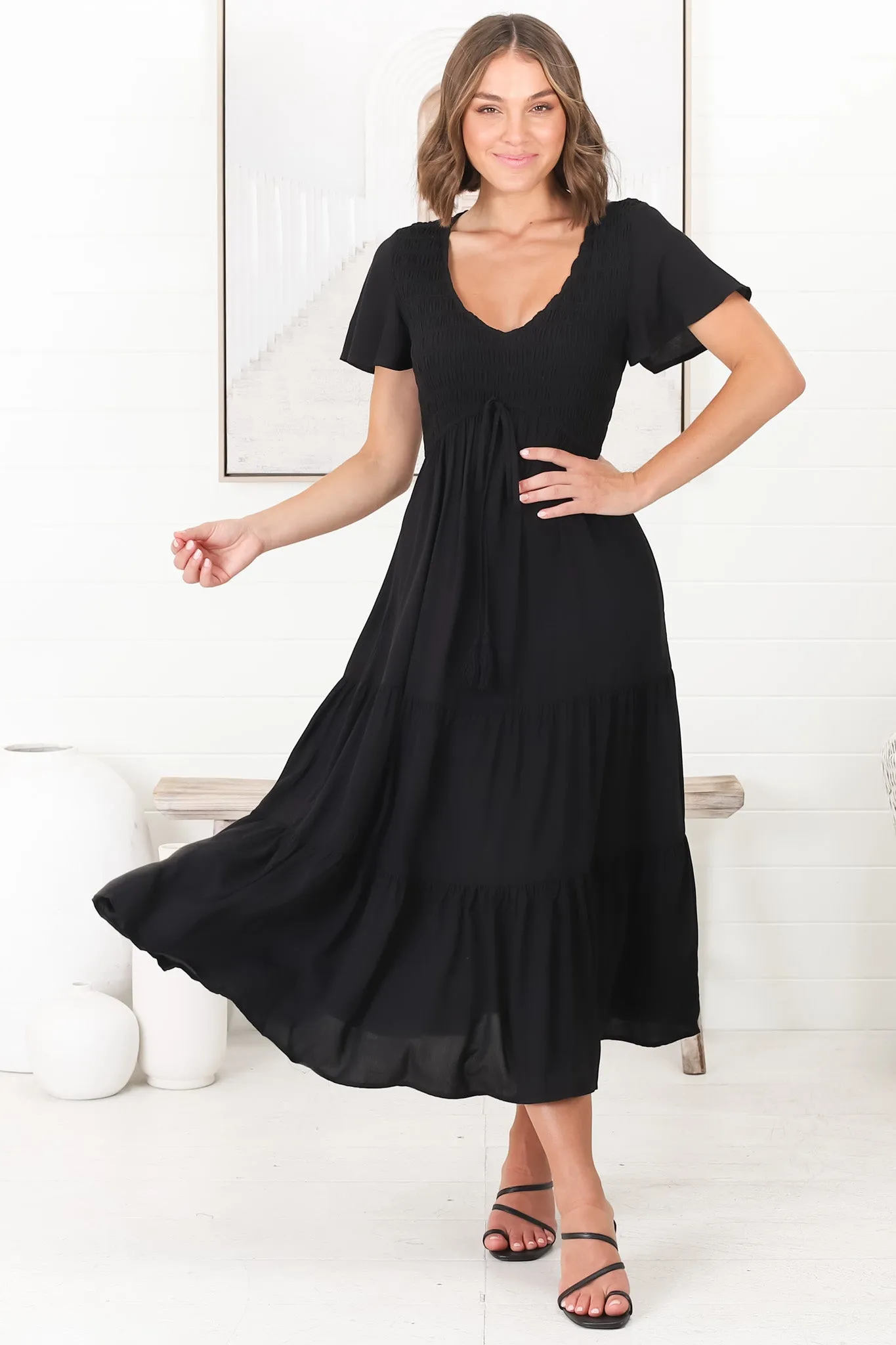 Amaya Midi Dress - Shirred Cap Sleeve A Line Dress in Black sold by Salty Crush product image thumbnail 3