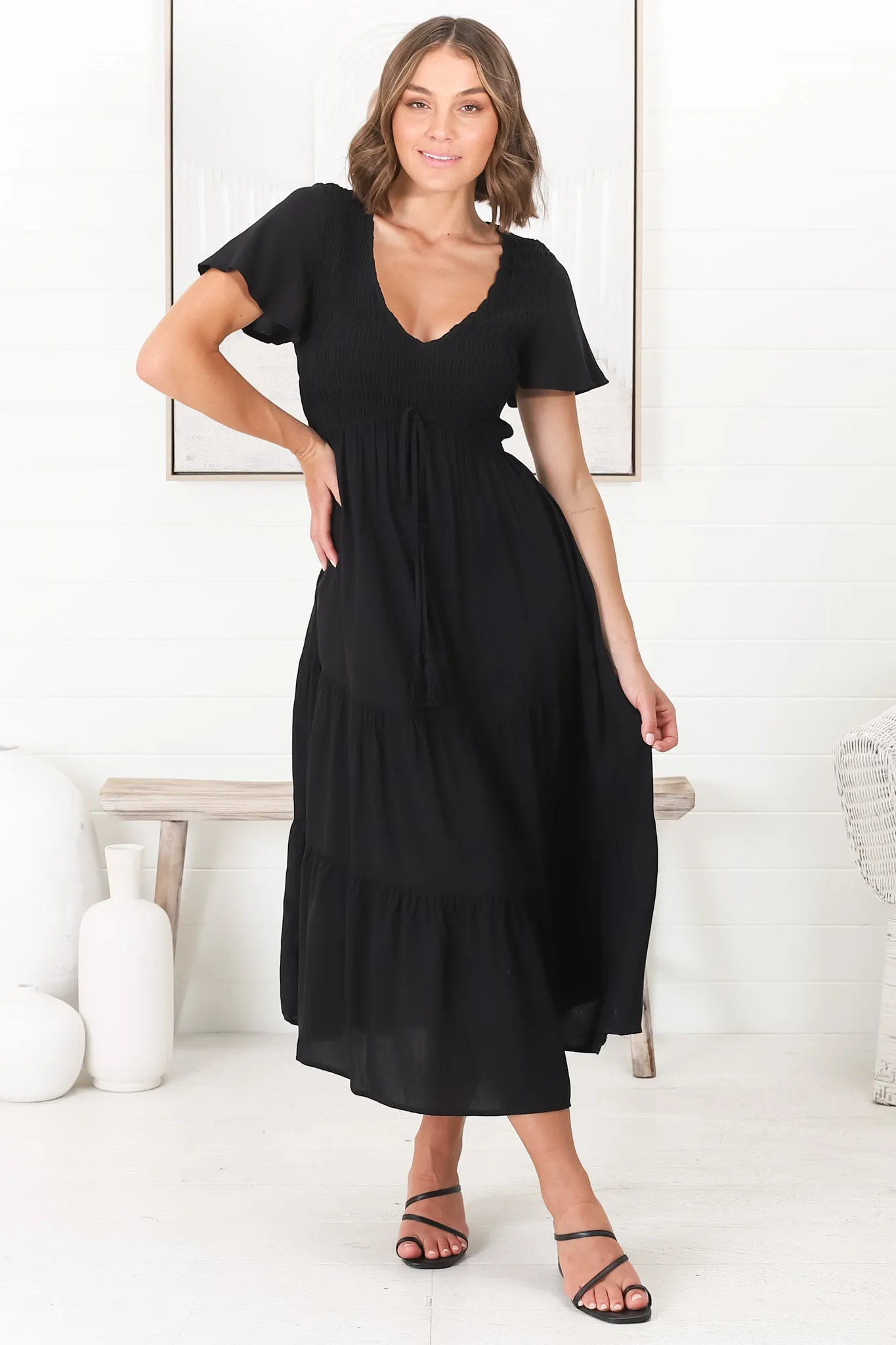 Amaya Midi Dress - Shirred Cap Sleeve A Line Dress in Black sold by Salty Crush