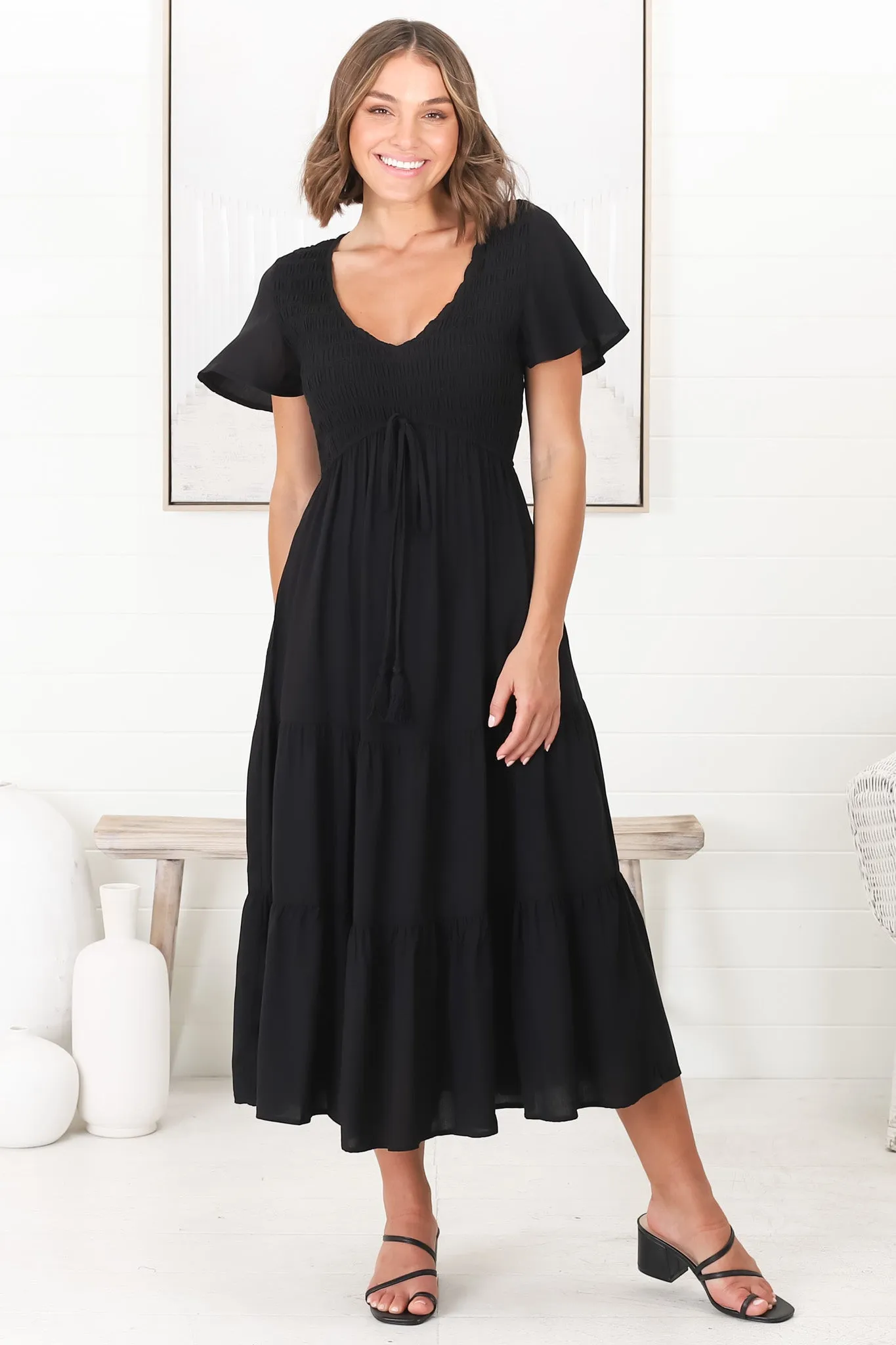 Amaya Midi Dress - Shirred Cap Sleeve A Line Dress in Black sold by Salty Crush product image thumbnail 2