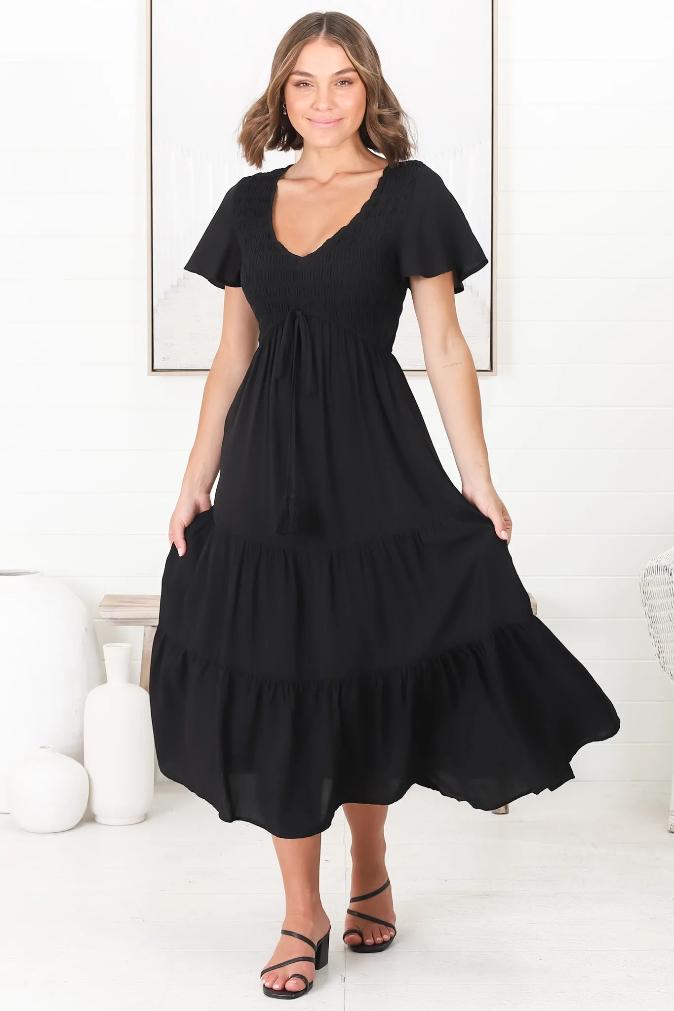 Amaya Midi Dress - Shirred Cap Sleeve A Line Dress in Black sold by Salty Crush product image thumbnail 5