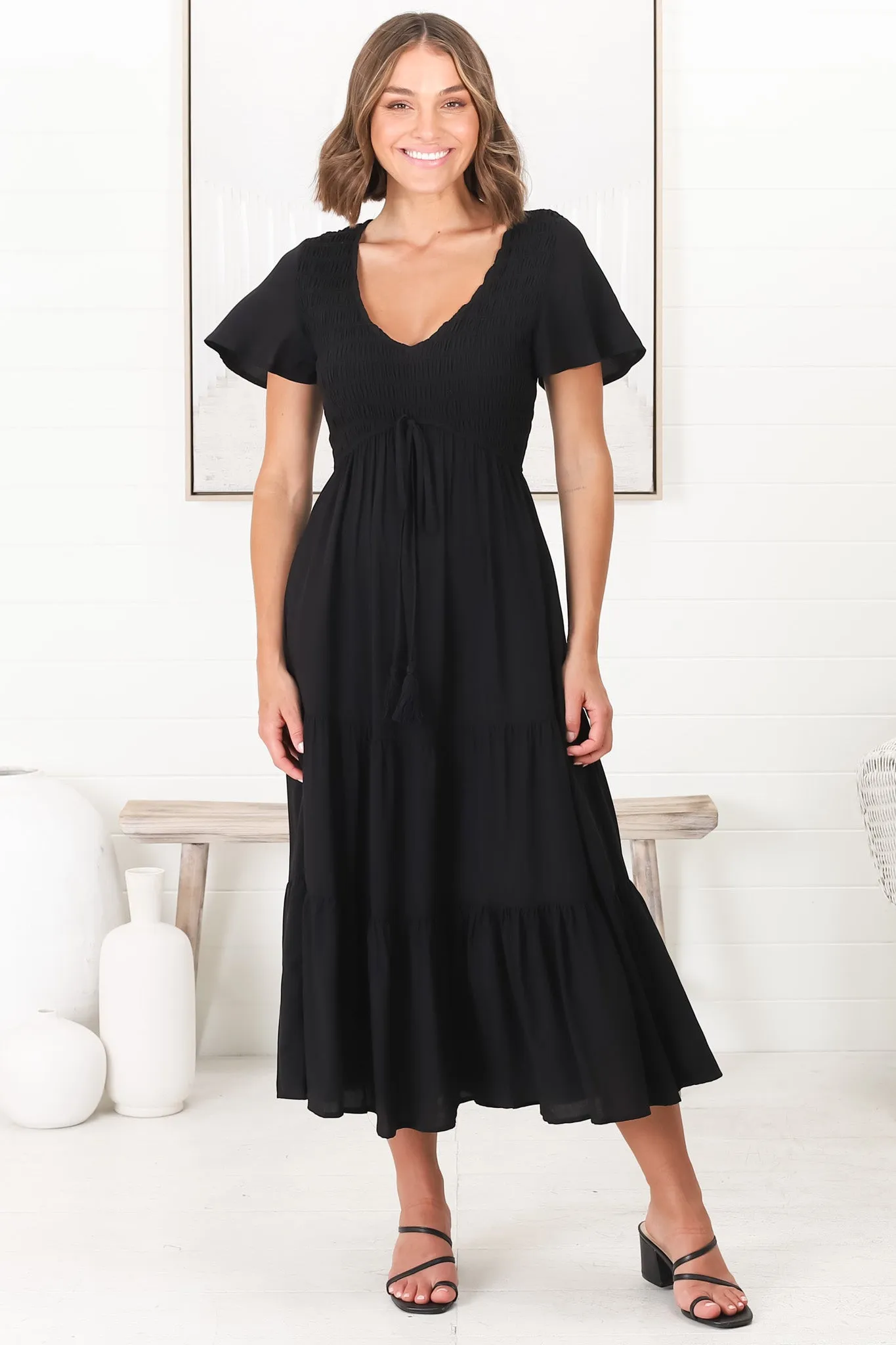Amaya Midi Dress - Shirred Cap Sleeve A Line Dress in Black sold by Salty Crush product image thumbnail 4