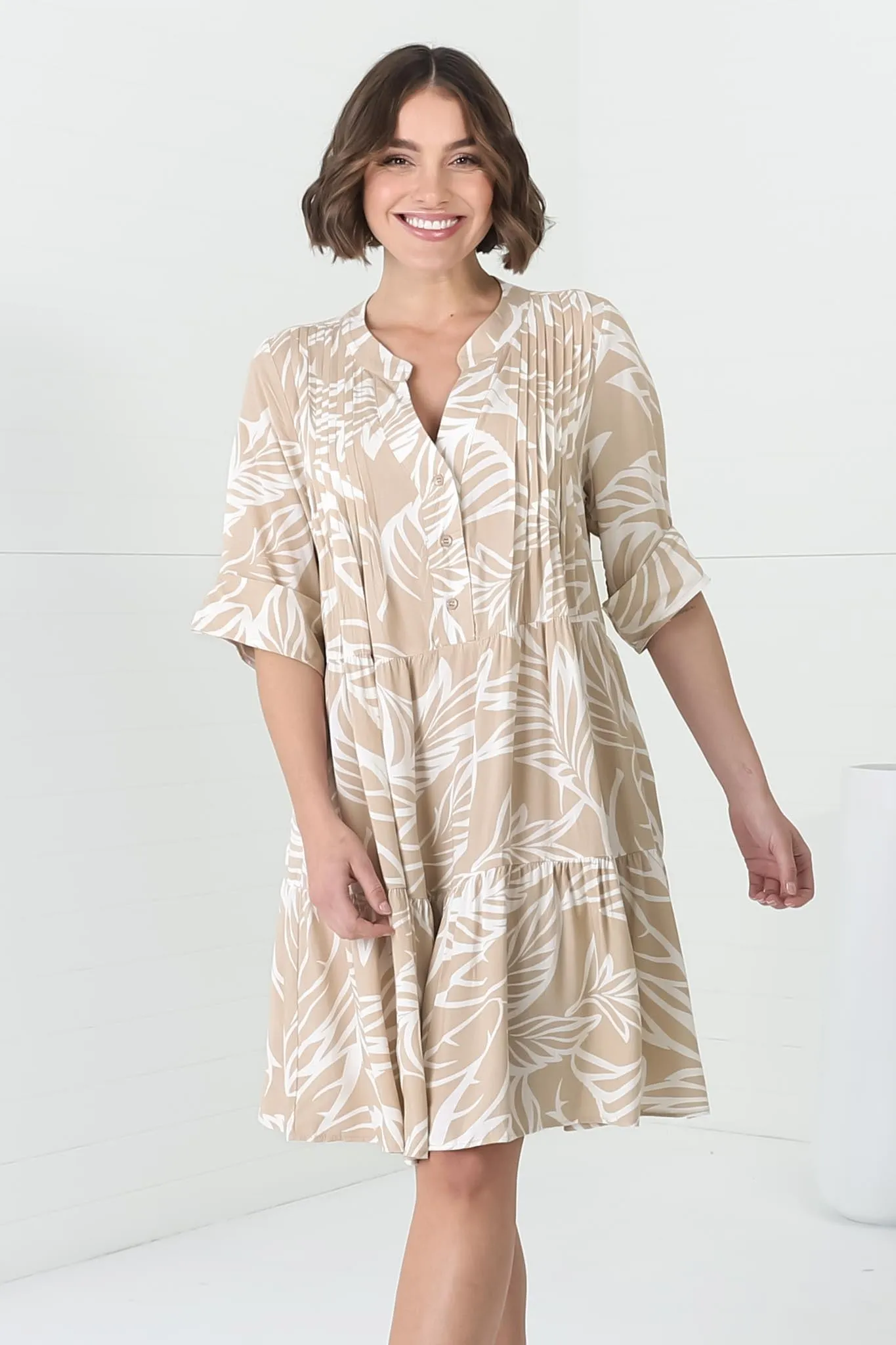 Evie Mini Dress - 3/4 Sleeve Tiered Smock Dress in Jeani Print Beige sold by Salty Crush product image thumbnail 3
