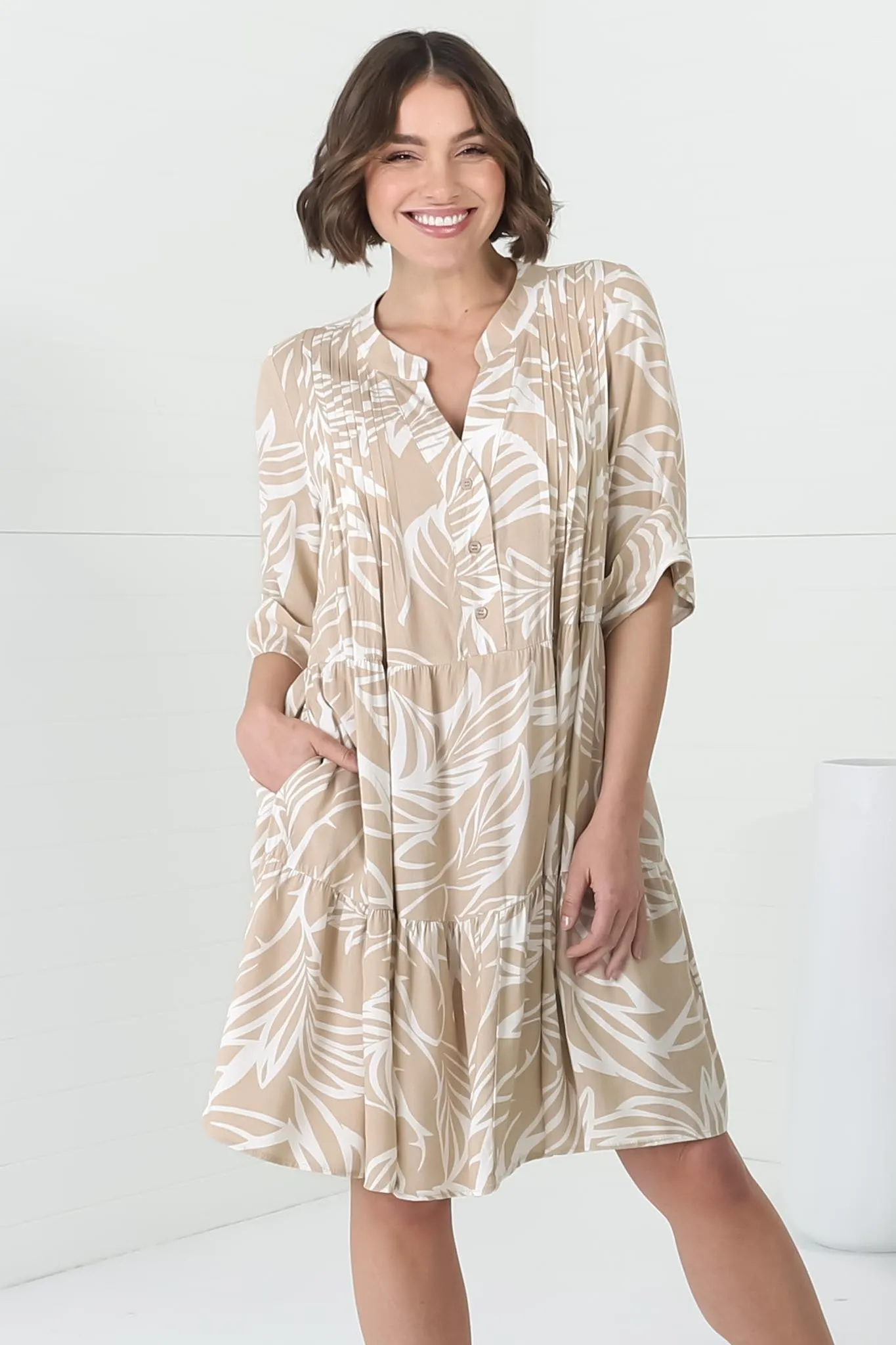 Evie Mini Dress - 3/4 Sleeve Tiered Smock Dress in Jeani Print Beige sold by Salty Crush