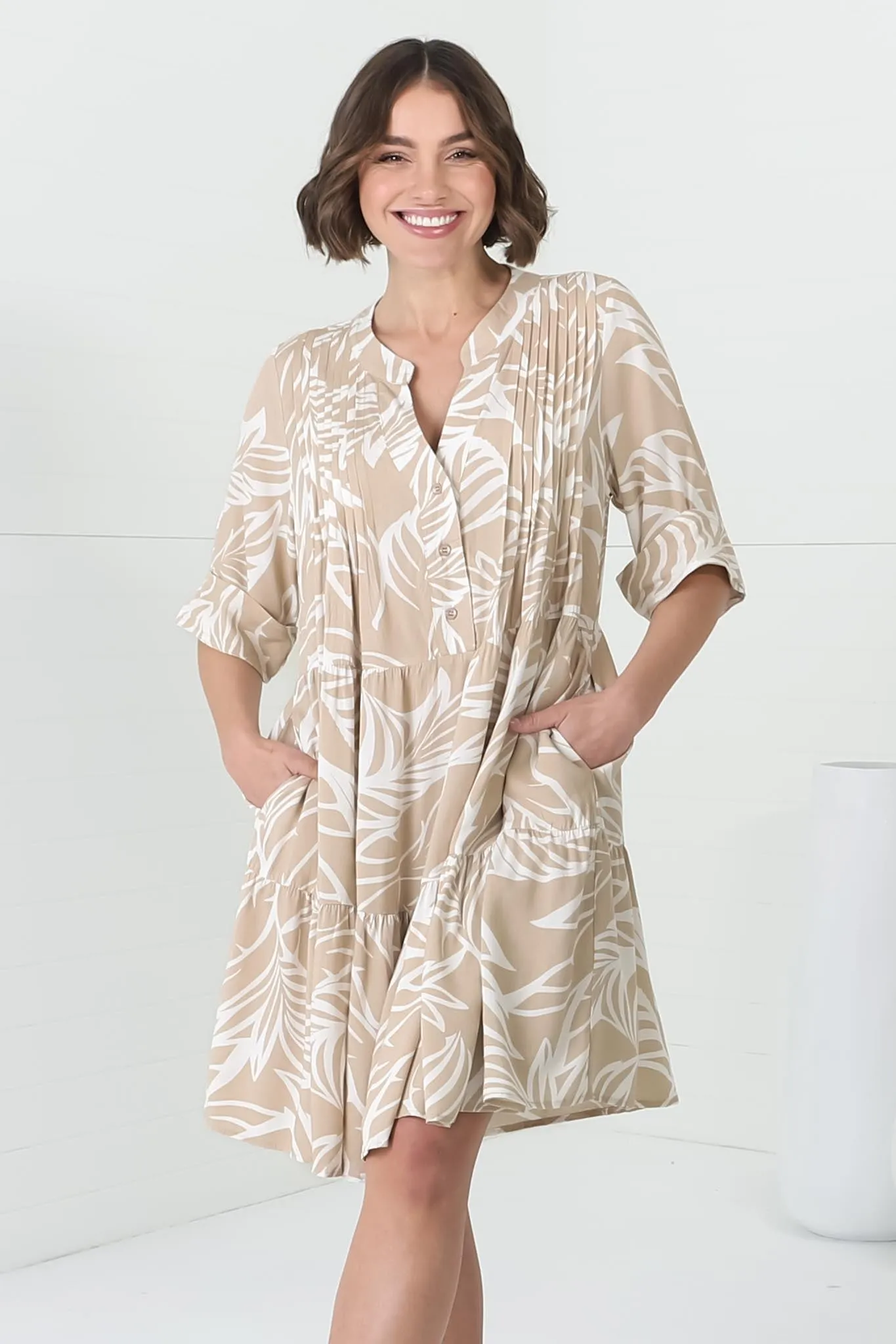 Evie Mini Dress - 3/4 Sleeve Tiered Smock Dress in Jeani Print Beige sold by Salty Crush product image thumbnail 4