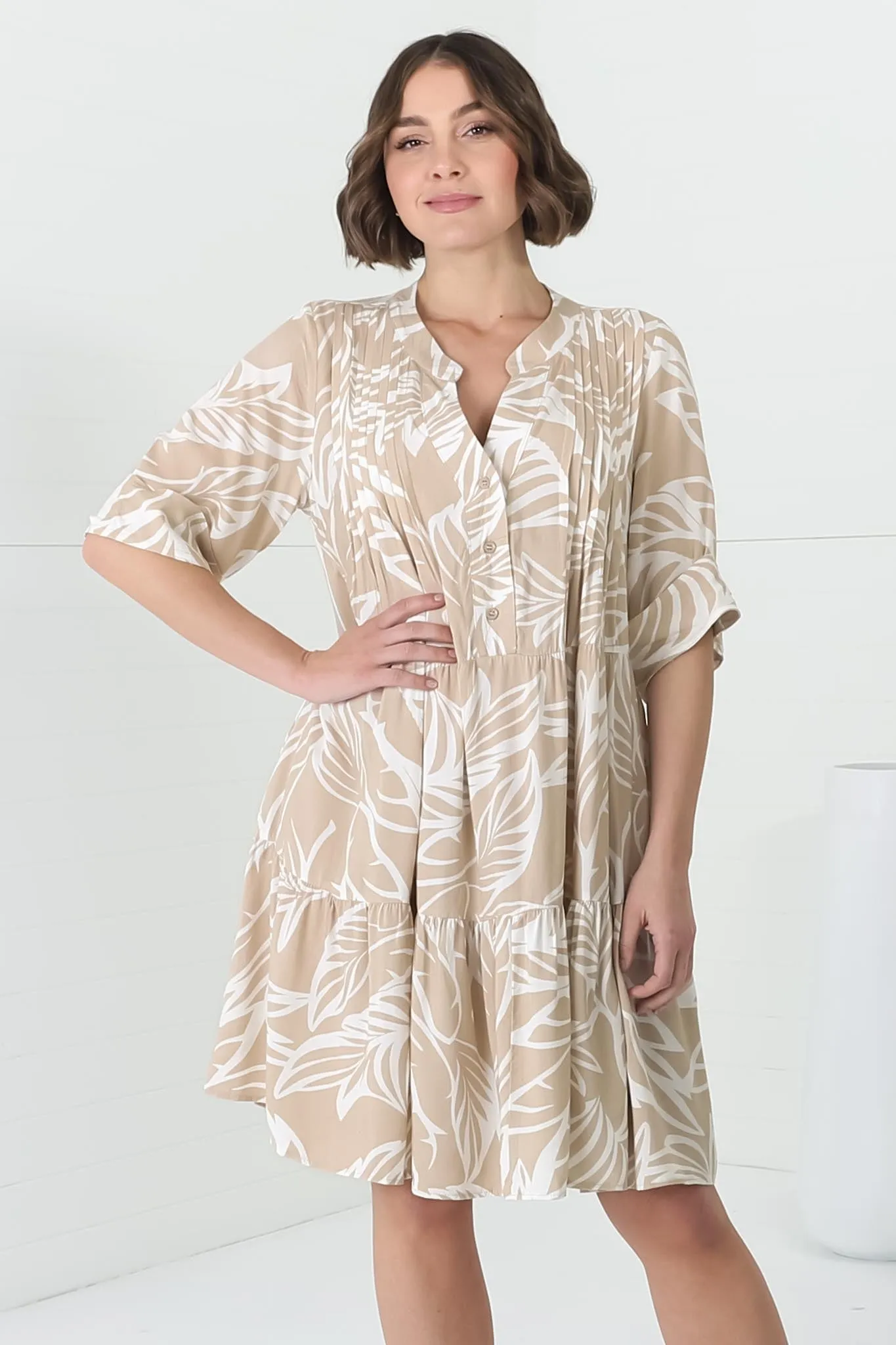 Evie Mini Dress - 3/4 Sleeve Tiered Smock Dress in Jeani Print Beige sold by Salty Crush product image thumbnail 5