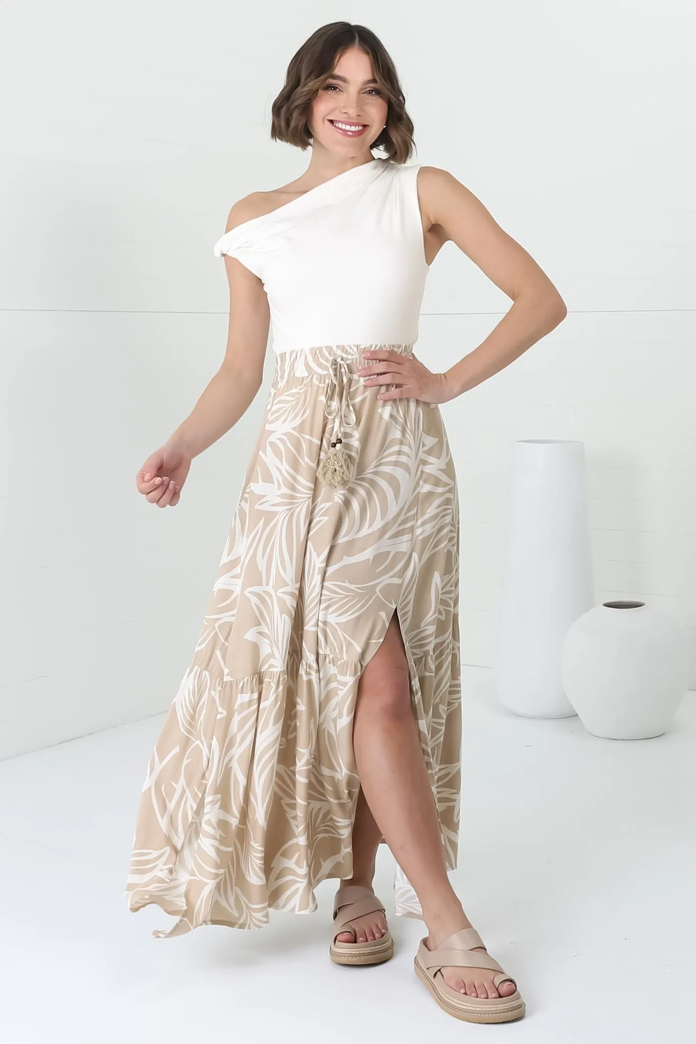 Hellen Maxi Skirt - High Waisted Skirt with Front Splits in Jeani Print Beige sold by Salty Crush product image thumbnail 4