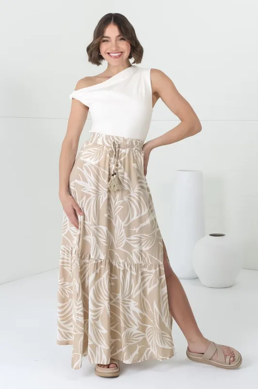 Hellen Maxi Skirt - High Waisted Skirt with Front Splits in Jeani Print Beige sold by Salty Crush