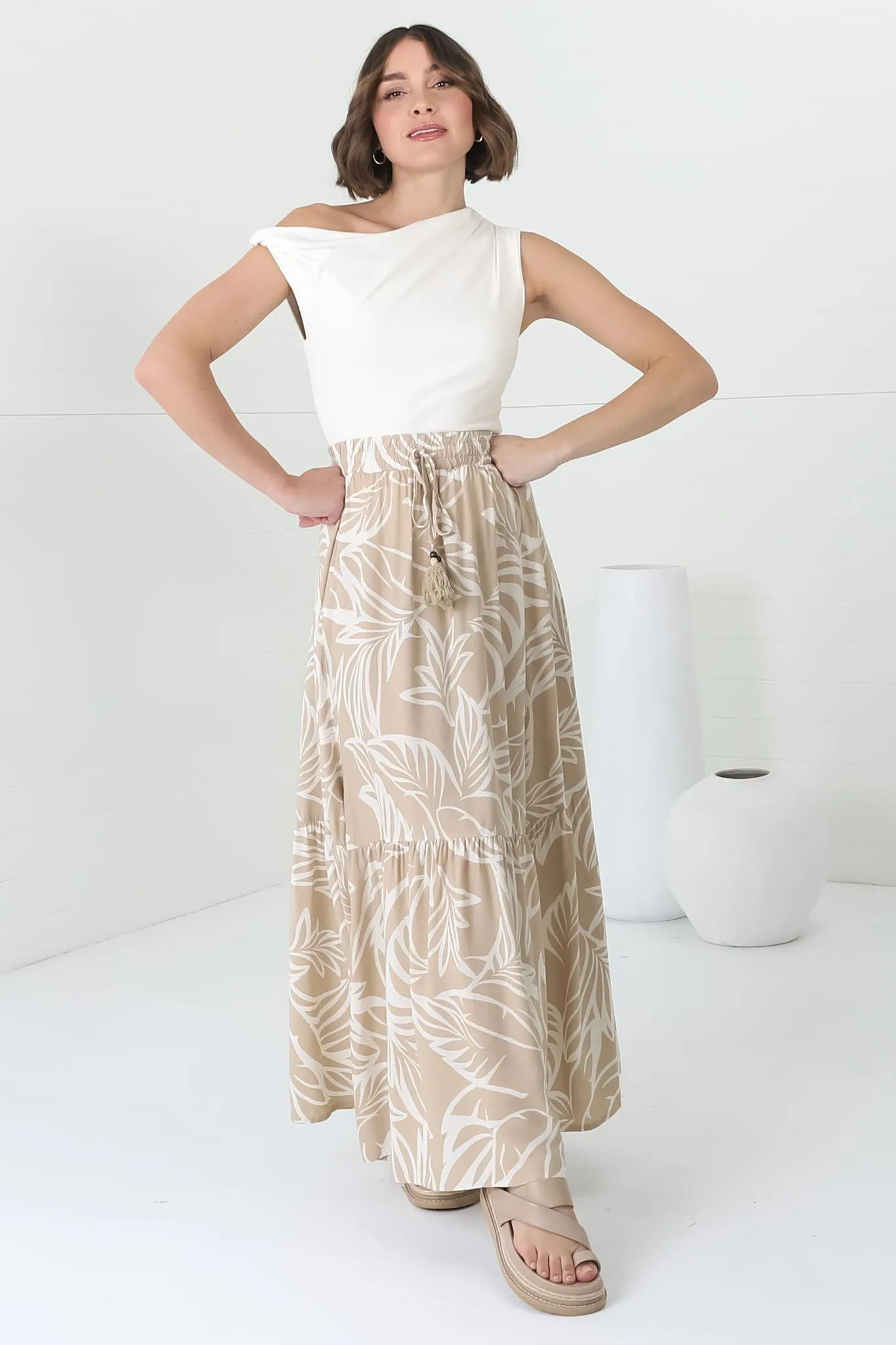 Hellen Maxi Skirt - High Waisted Skirt with Front Splits in Jeani Print Beige sold by Salty Crush product image thumbnail 5