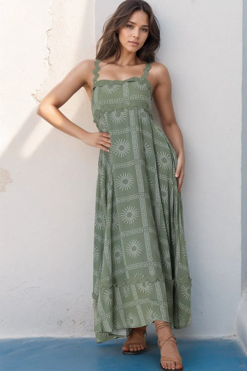 Bailie Maxi Dress - Rick Rack Detailed Sun Dress with Pockets Astra Print in Green sold by Salty Crush product image thumbnail 3