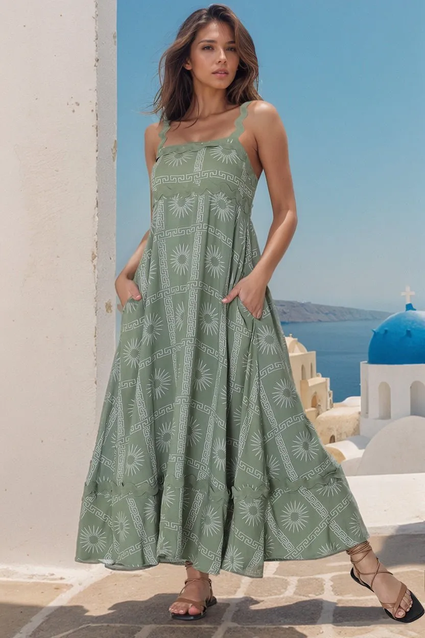 Bailie Maxi Dress - Rick Rack Detailed Sun Dress with Pockets Astra Print in Green sold by Salty Crush