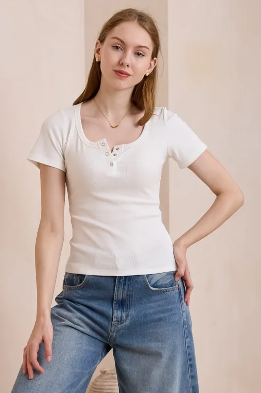 Hallie T-Shirt - Scoop Neckline Push Button Detail Ribbed Tee in White sold by Salty Crush
