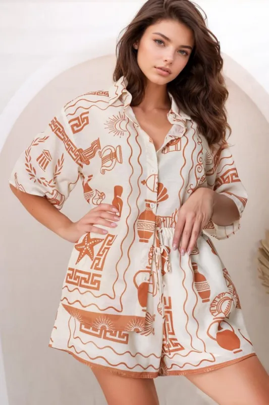 Mirian Button Up Shirt And Shorts Set - Piper Print in Tan sold by Salty Crush