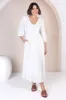 Lellah Midi Dress - Shirred Bodice Soft V Neck Tiered Dress in White sold by Salty Crush