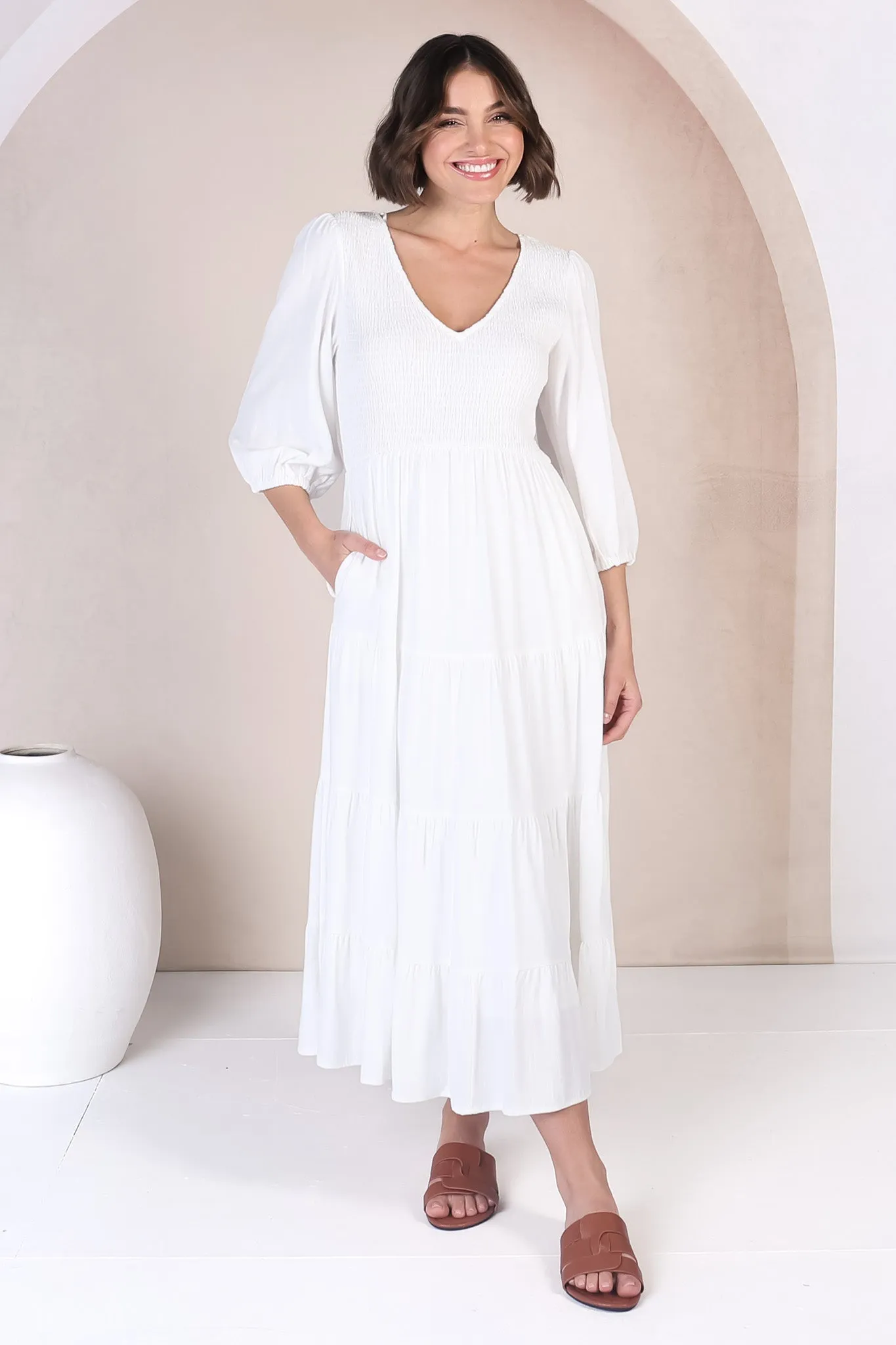 Lellah Midi Dress - Shirred Bodice Soft V Neck Tiered Dress in White sold by Salty Crush product image thumbnail 2