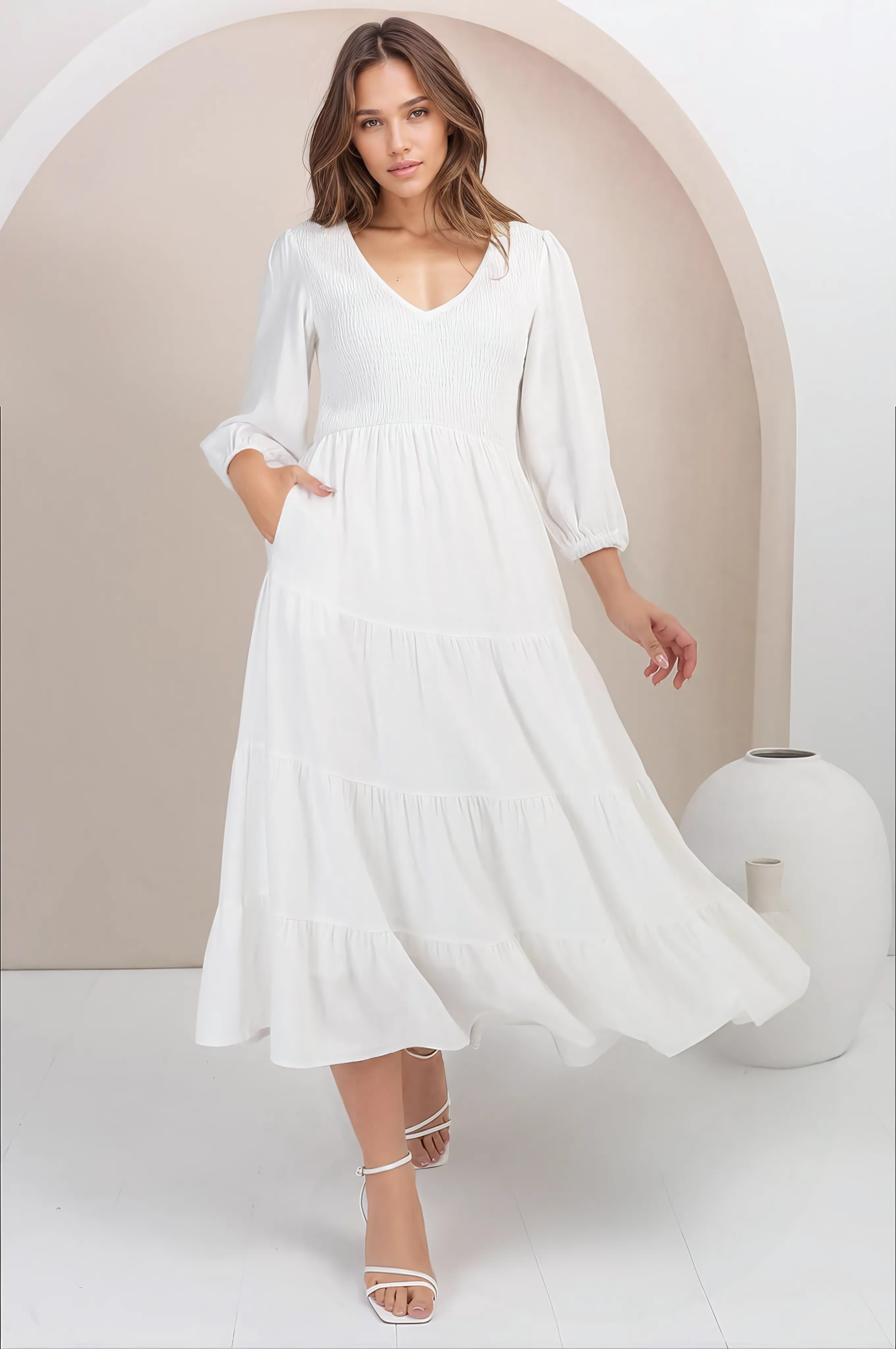 Lellah Midi Dress - Shirred Bodice Soft V Neck Tiered Dress in White sold by Salty Crush