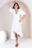 Lellah Midi Dress - Shirred Bodice Soft V Neck Tiered Dress in White sold by Salty Crush