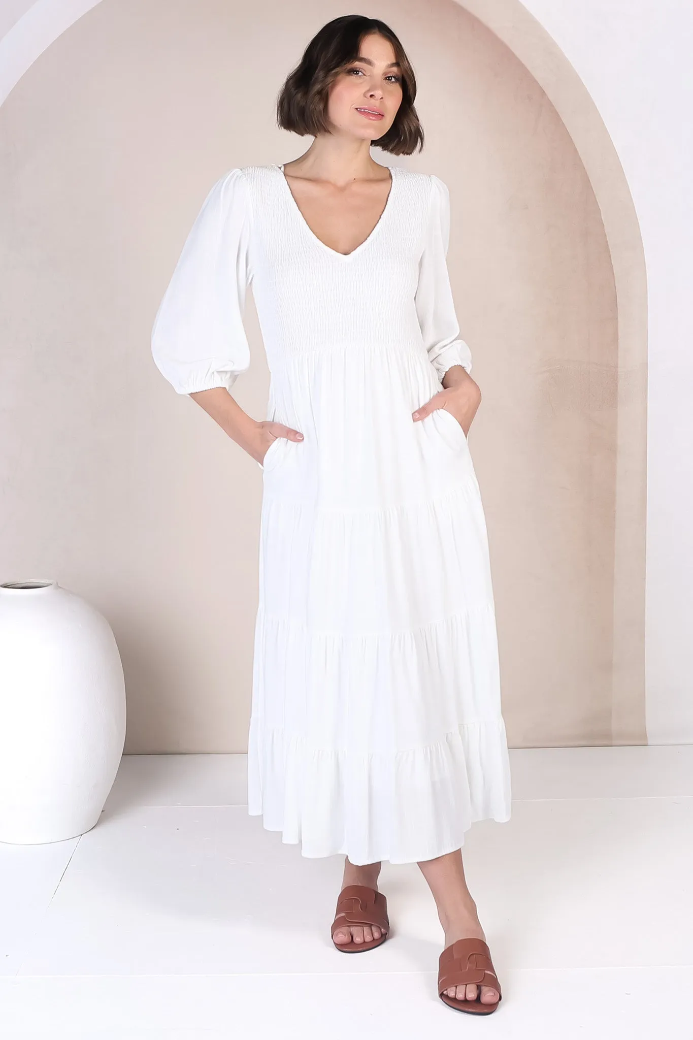 Lellah Midi Dress - Shirred Bodice Soft V Neck Tiered Dress in White sold by Salty Crush product image thumbnail 5