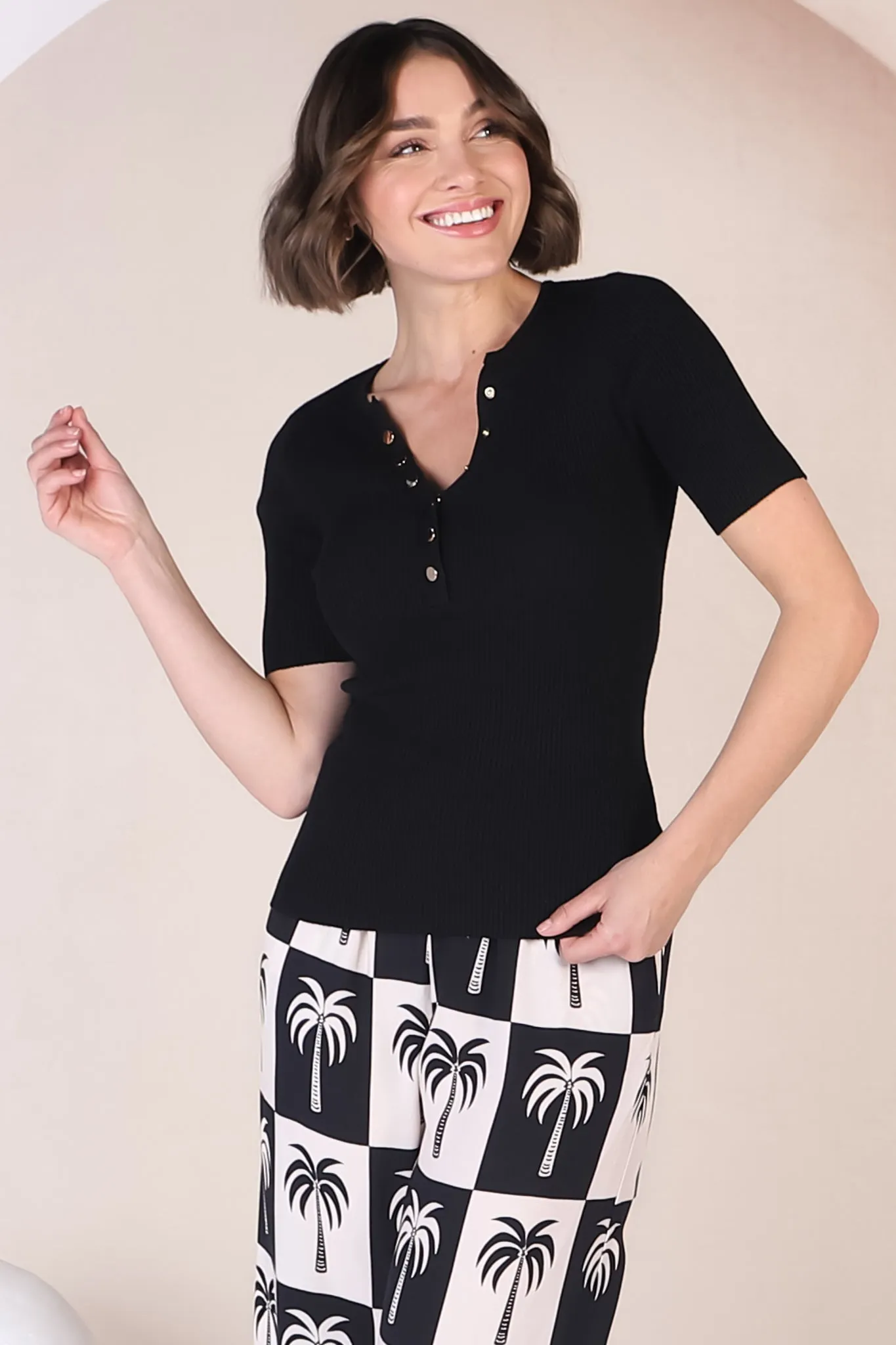 Zian Knit Top - Gold Button Neckline Ribbed Knit Top in Black sold by Salty Crush product image thumbnail 5