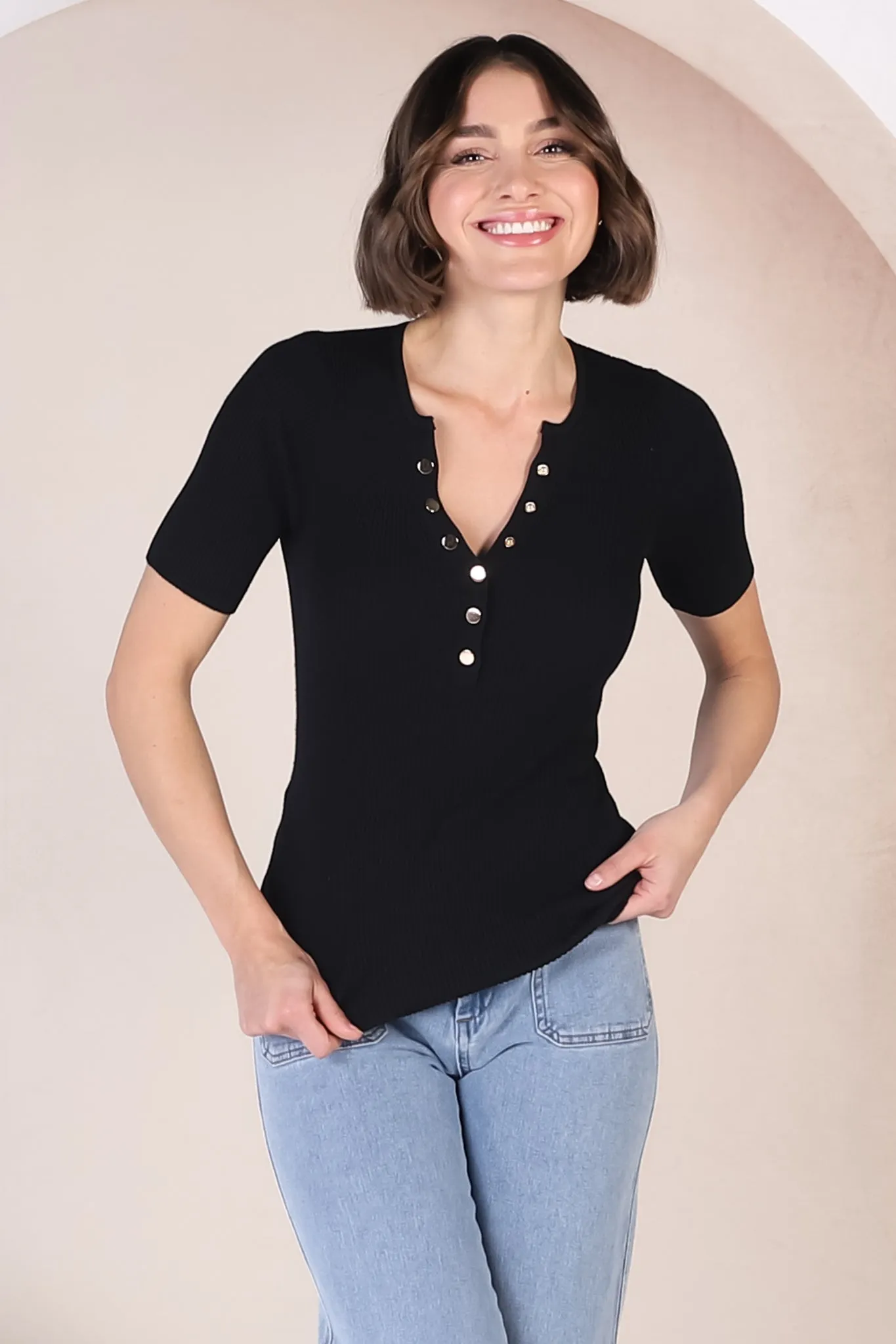 Zian Knit Top - Gold Button Neckline Ribbed Knit Top in Black sold by Salty Crush product image thumbnail 2