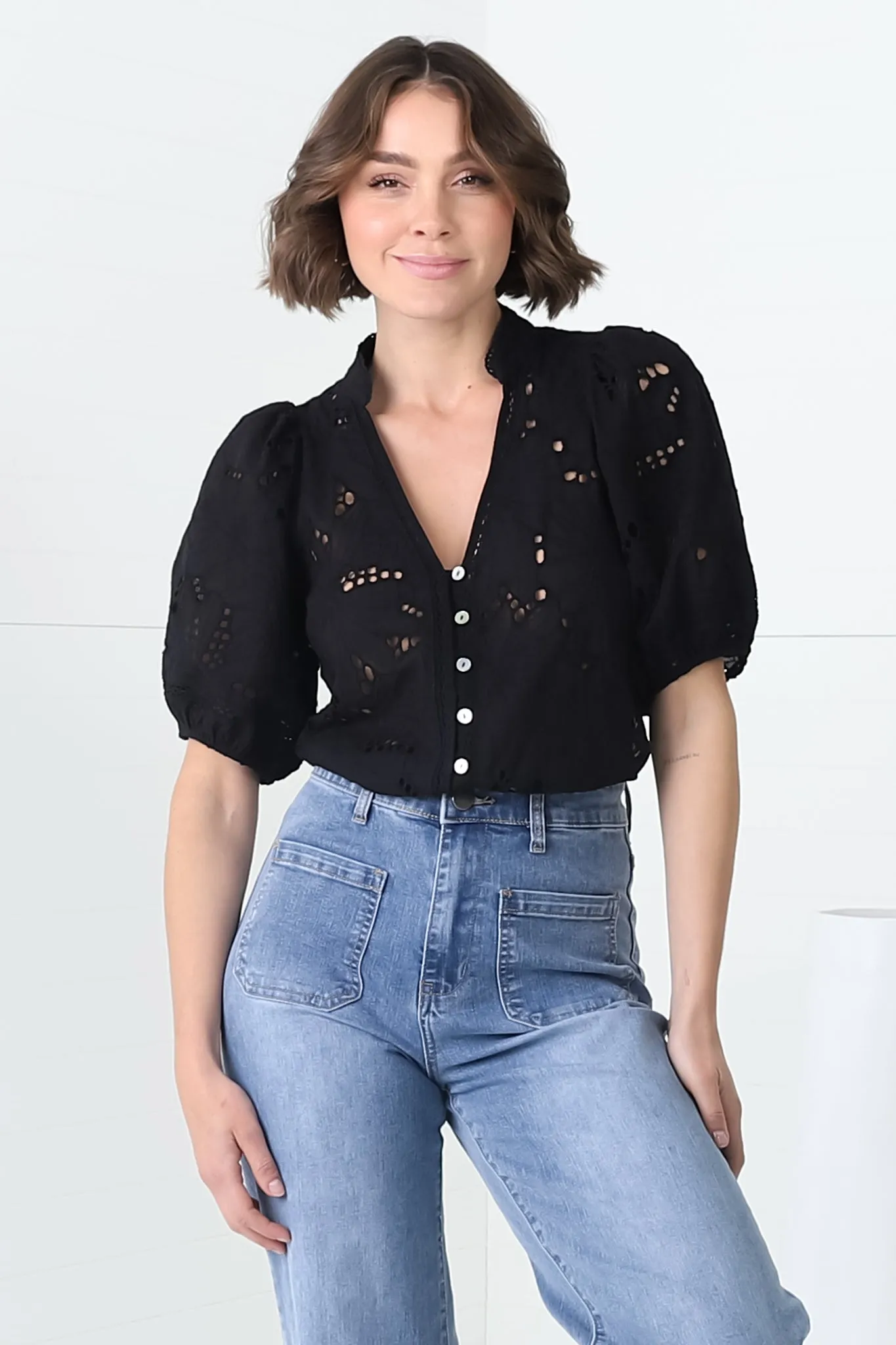 Clare Blouse - Hollow Out Embroidered Button Down Blouse in Black sold by Salty Crush product image thumbnail 5
